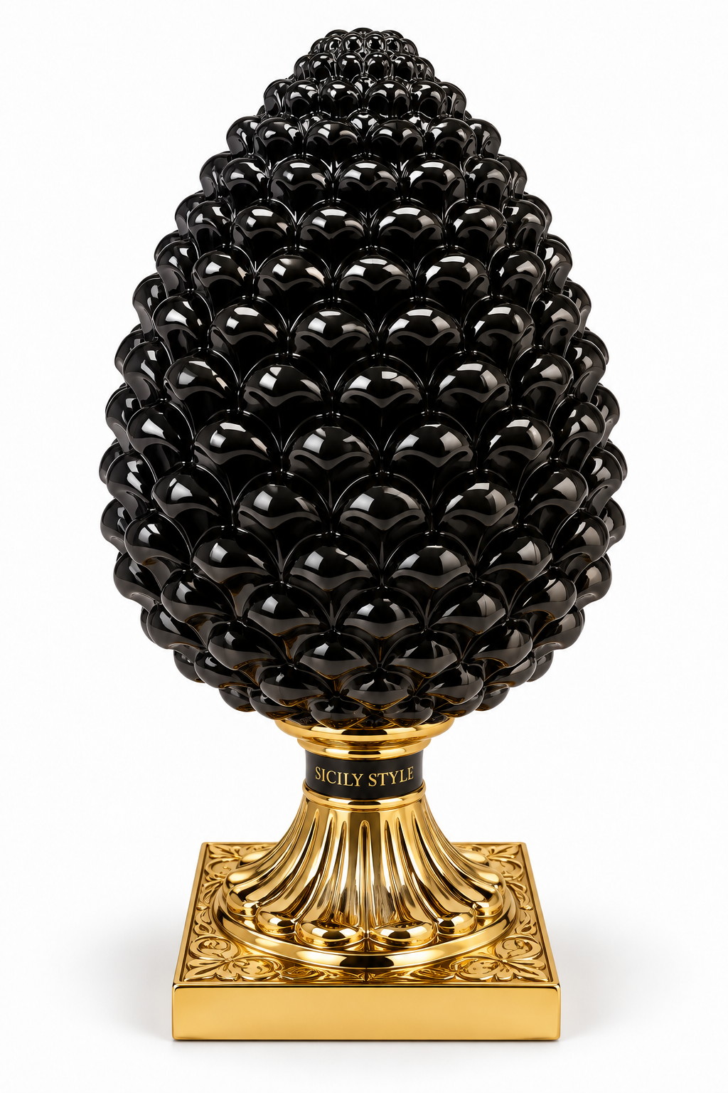 Pigna Siciliana Decorativa Nera e Oro su Base Ornamentale Versace
