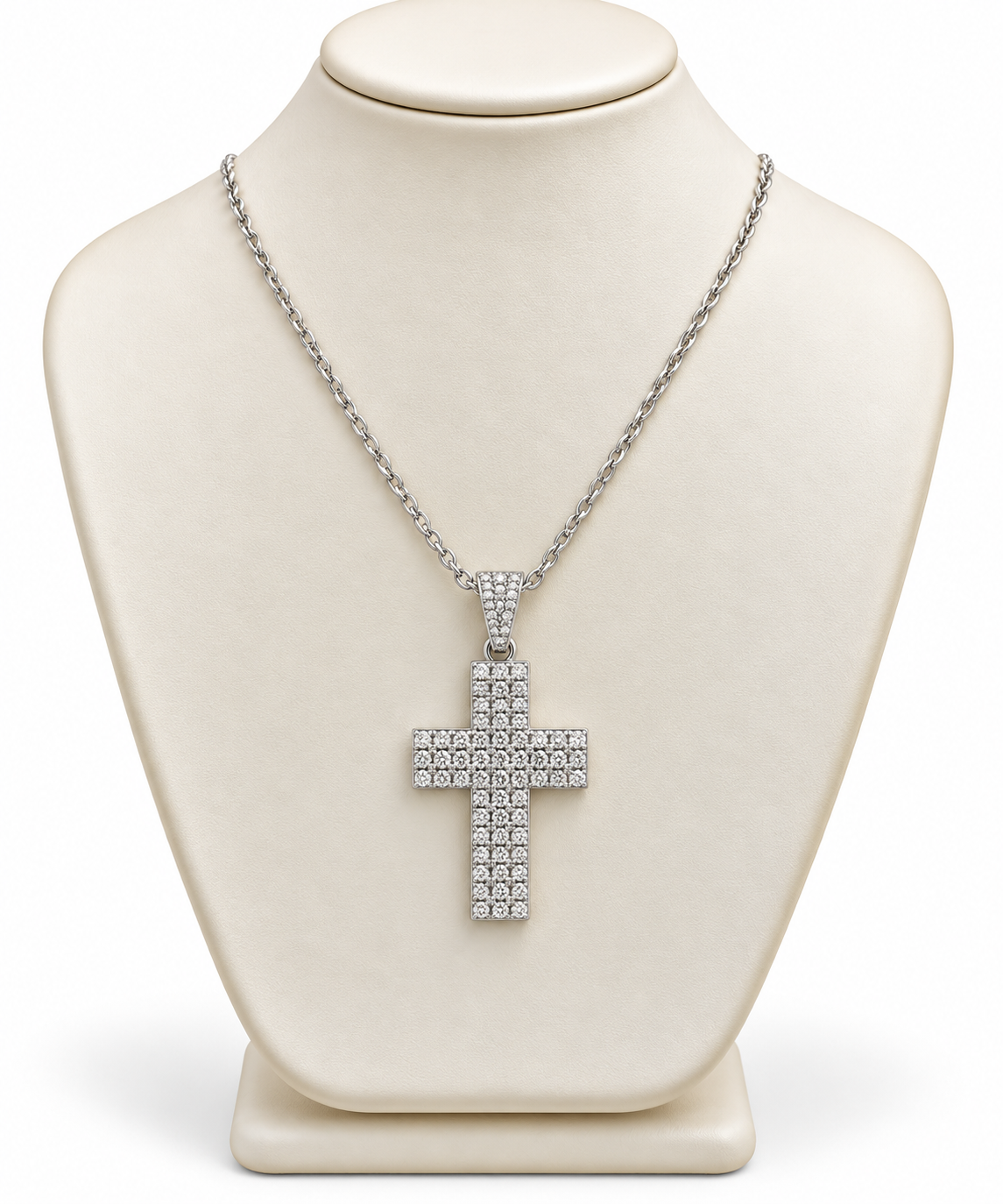 Collana in Oro Bianco con Croce e Pietre Bianche Fila da Tre – 45 cm