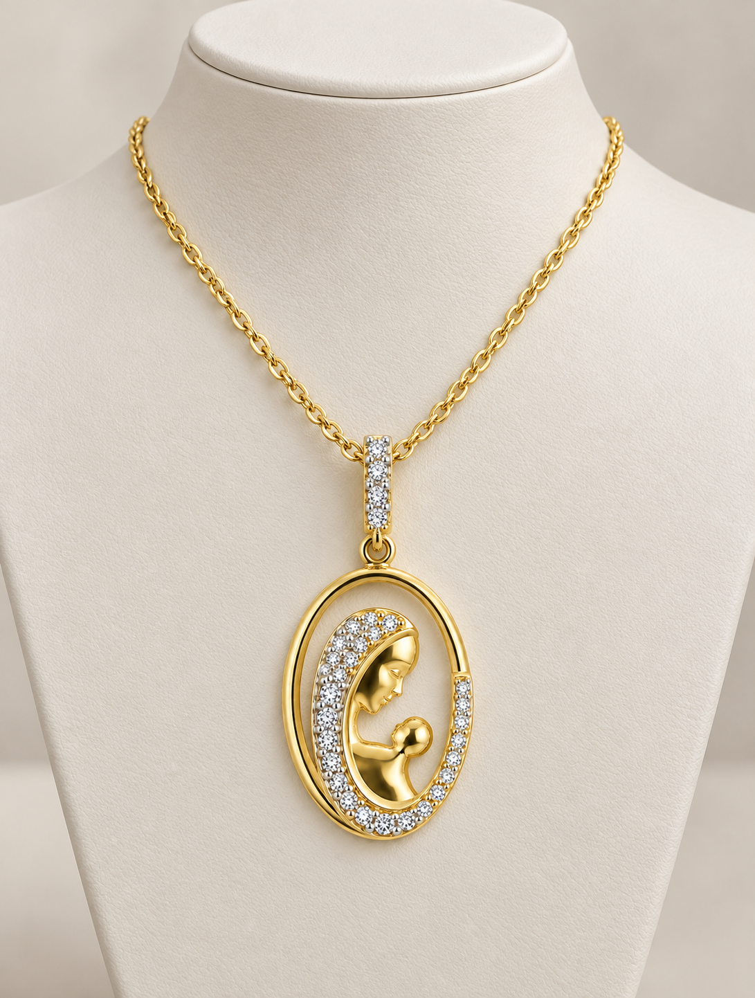 Collana con Medaglia Madonna e Pietre Bianche in oro
