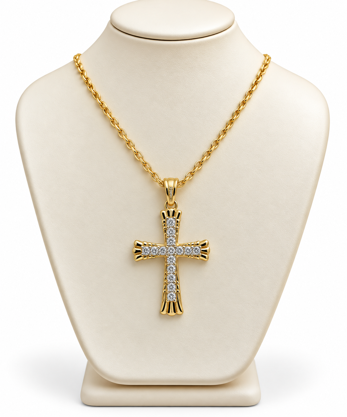 Collana in Oro Giallo con Croce e Pietre Bianche Frangiata – 50 cm