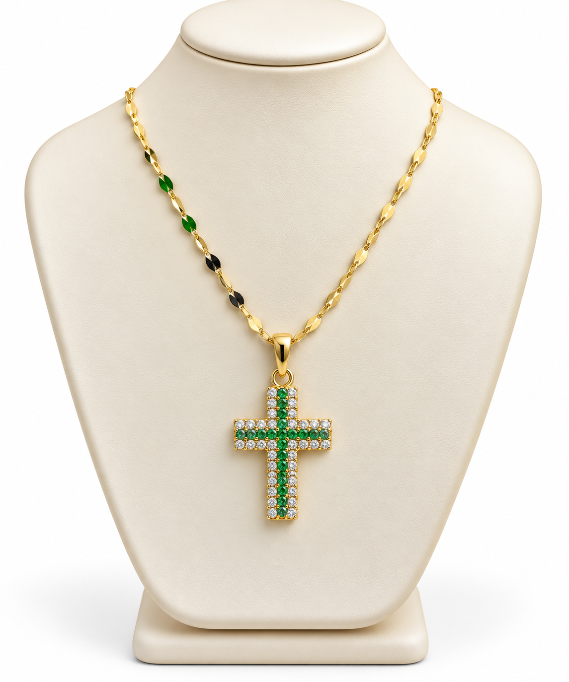 Collana in Oro Giallo con Croce e Pietre Verdi e Bianche – 50 cm
