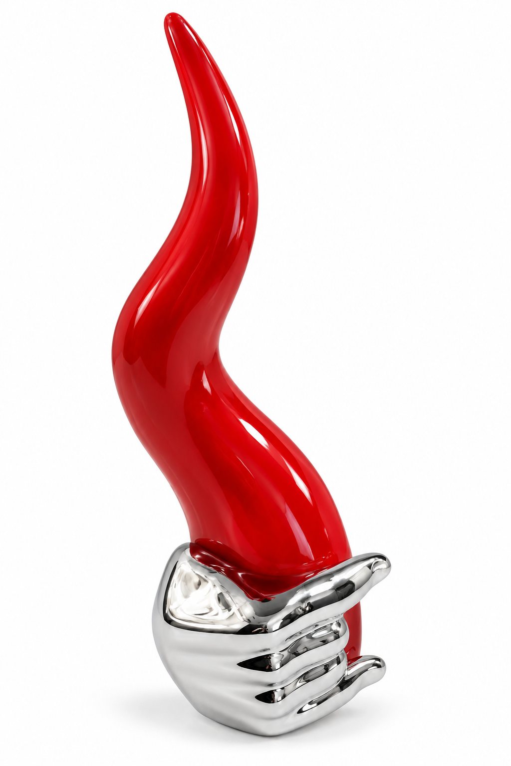 Scultura Decorativa Corno Rosso con Mano Argentata