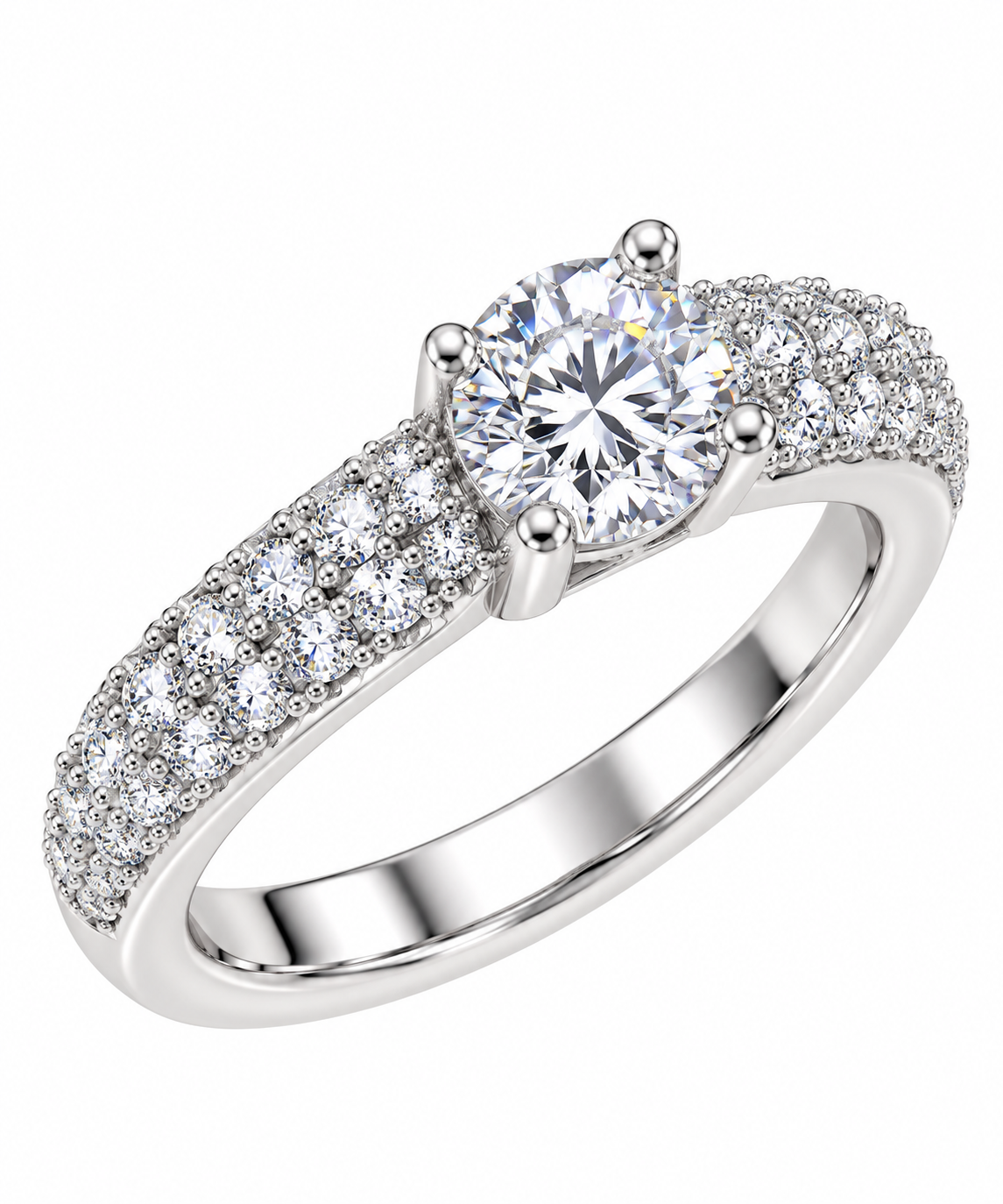 Anello Solitario in Oro Bianco 18 kt con Zaffiri Bianchi e Pavé