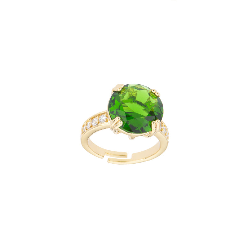 Anello con gambo in brass dorato e pavè di zirconi clear con top in cristallo a taglio tondo deep green