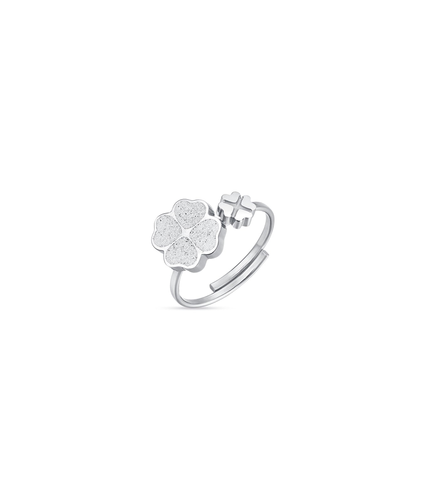 ANELLO REGOLABILE IN ACCIAIO CON QUADRIFOGLI  CON GLITTER BIANCO