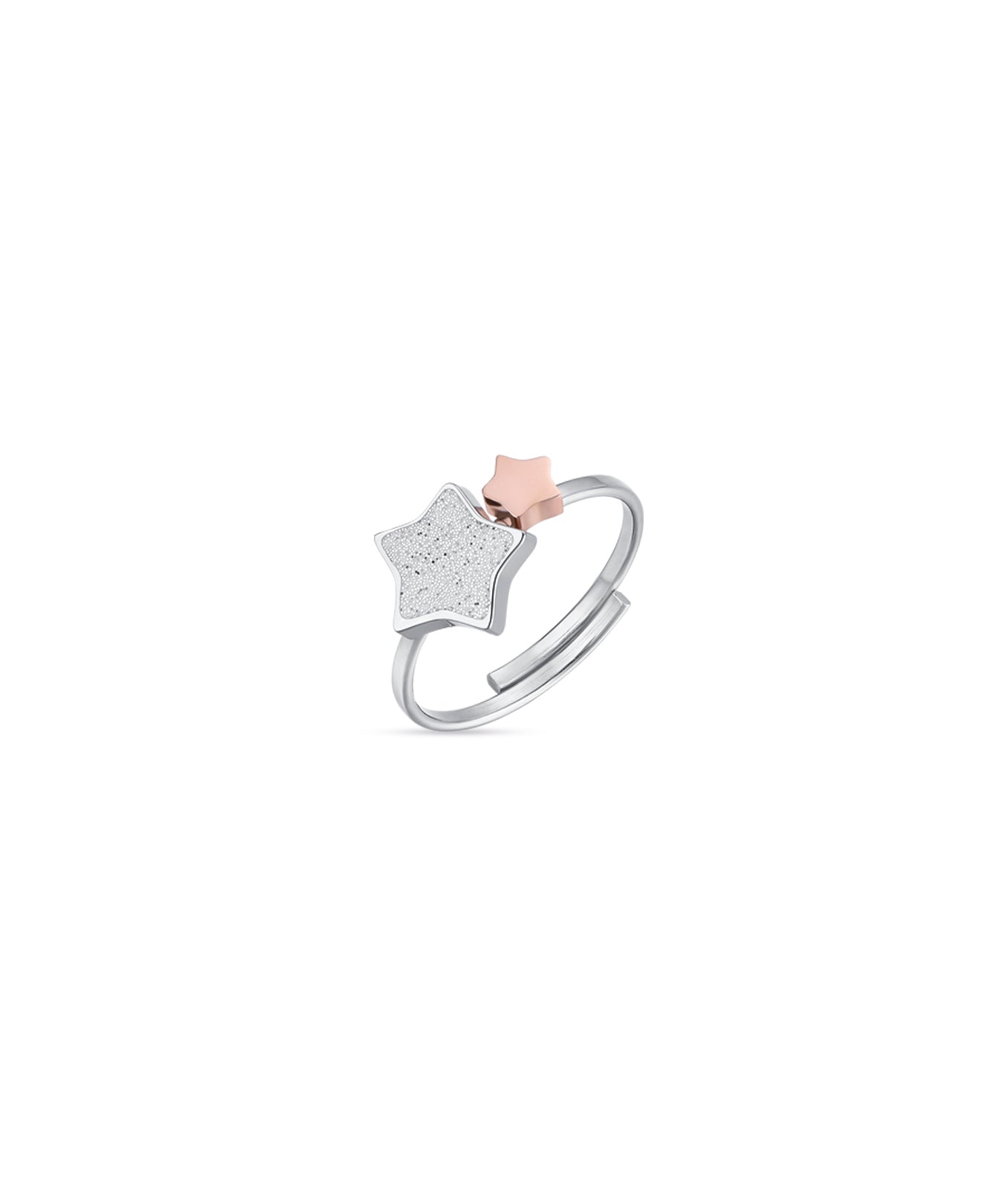 ANELLO REGOLABILE IN ACCIAIO CON STELLE IN ACCIAIO IP ROSE E GLITTER BIANCO