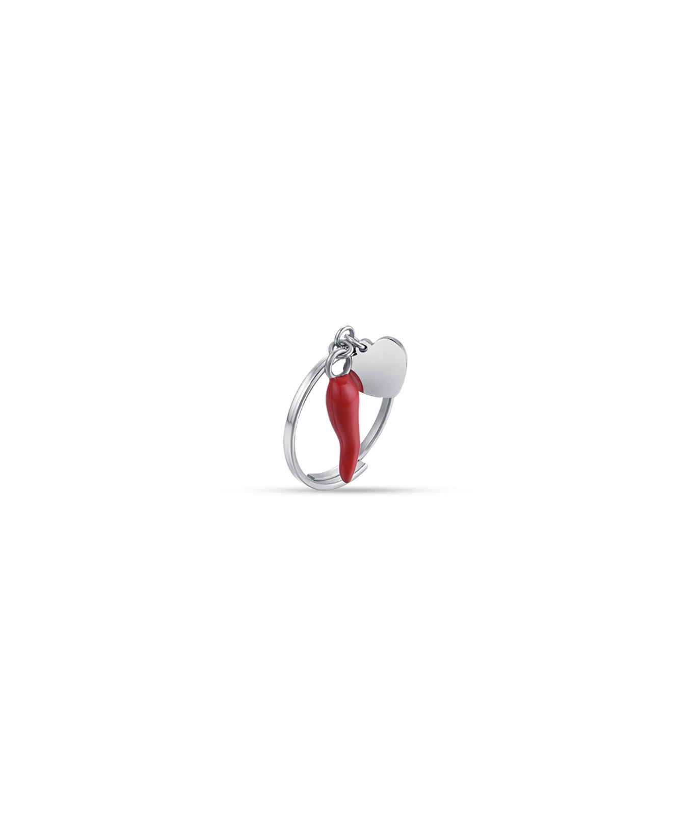 ANELLO IN ACCIAIO CON CUORE E CORNO ROSSO