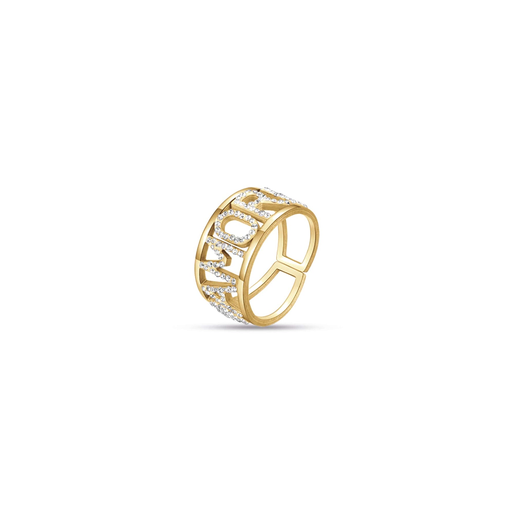ANELLO DA DONNA IN ACCIAIO DORATO AMORE CON CRISTALLI BIANCHI - MISURA S, 13