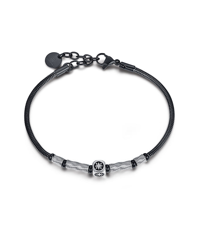 BRACCIALE IN ACCIAIO IP NERO ELEMENTO IN ACCIAIO IP NERO CON ROSA DEI VENTI