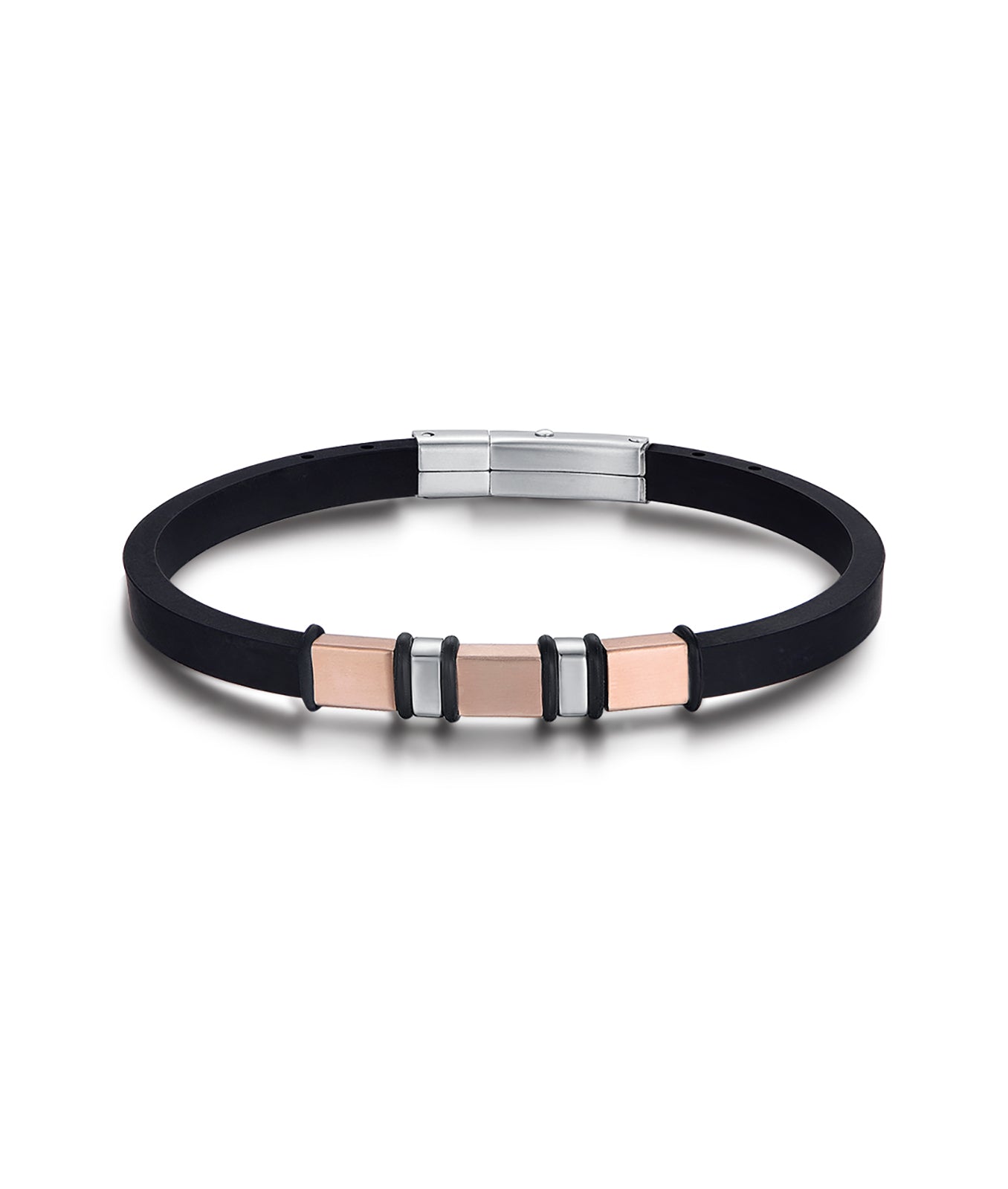 BRACCIALE IN SILICONE NERO CON ELEMENTI IN ACCIAIO, IP ROSE E IP NERO