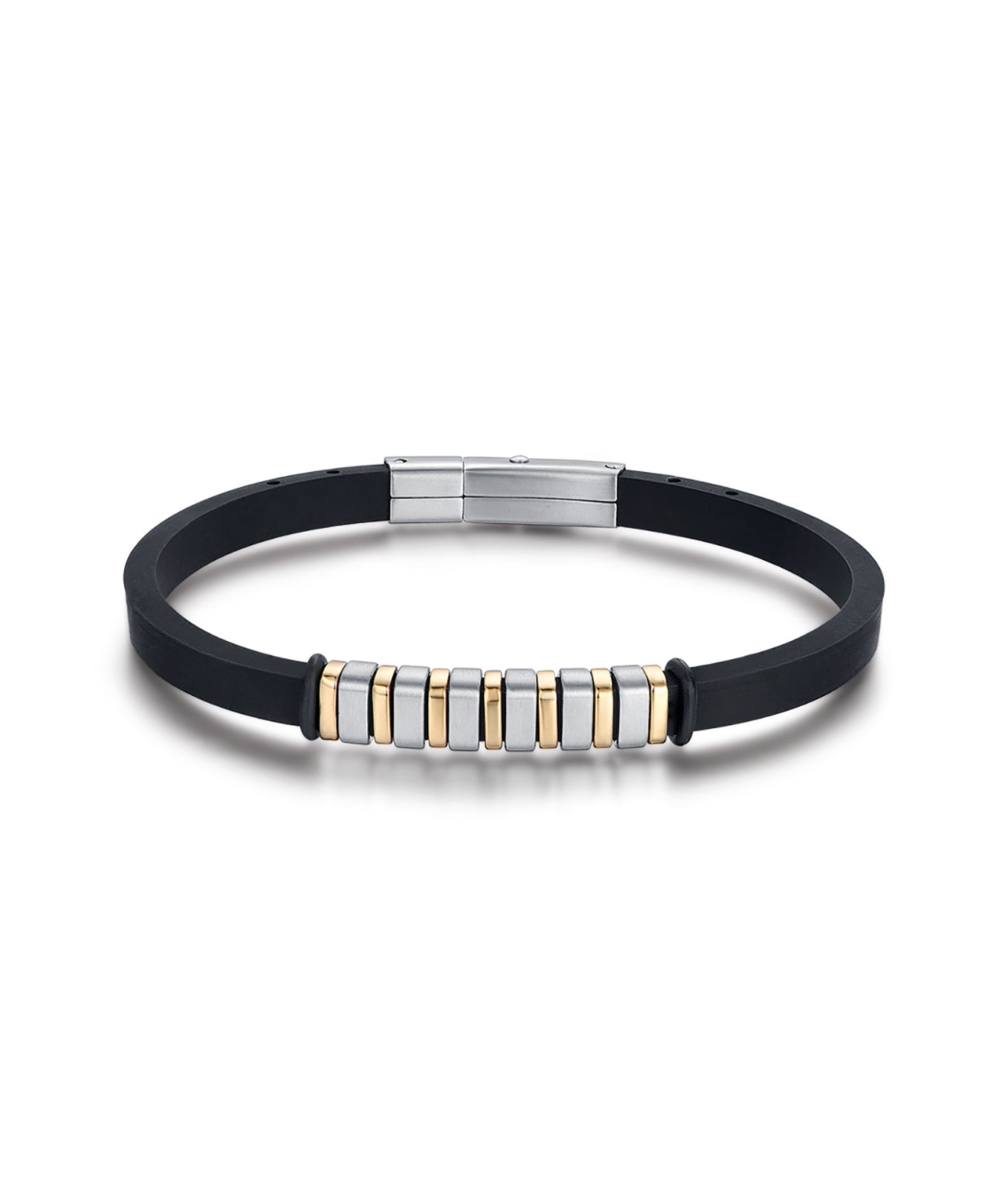 BRACCIALE IN SILICONE NERO CON ELEMENTI IN ACCIAIO, IP GOLD E IP NERO