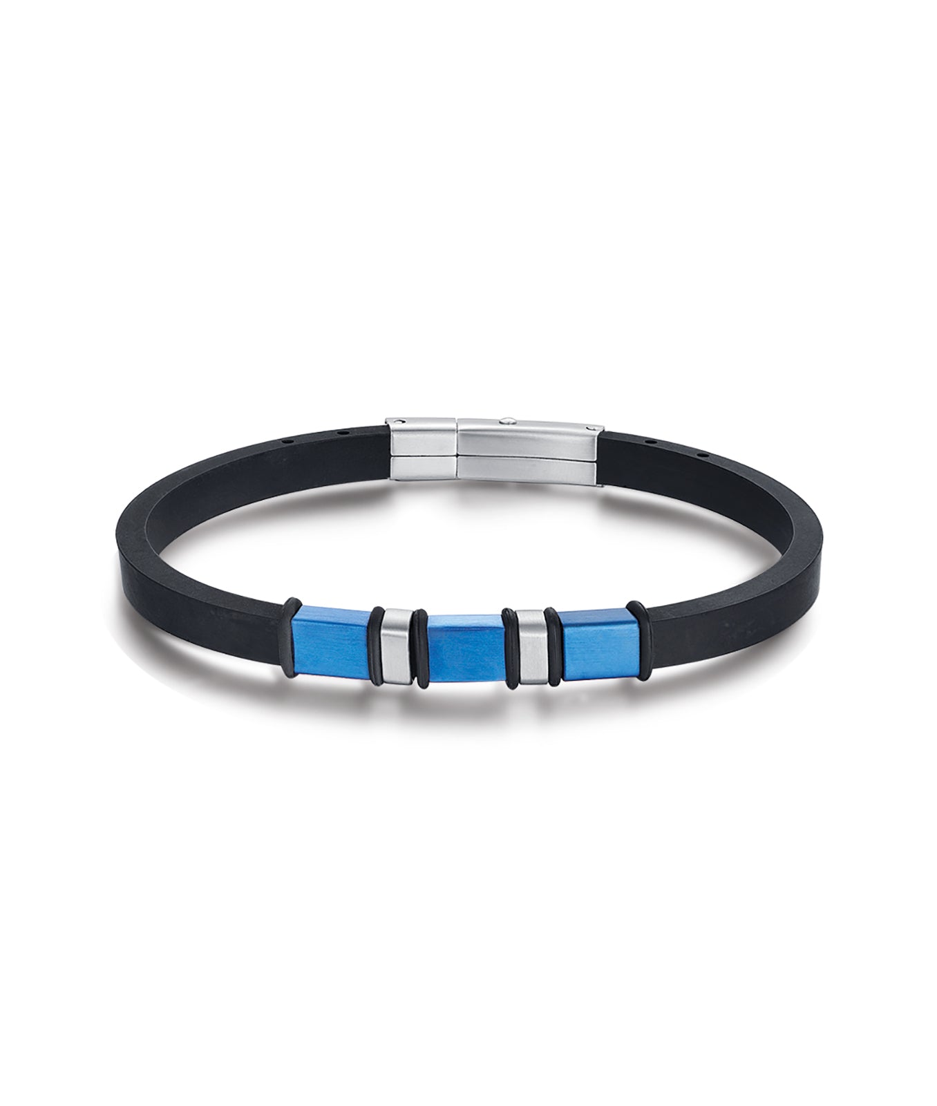 BRACCIALE IN SILICONE NERO CON ELEMENTI IN ACCIAIO, IP BLU E IP NERO