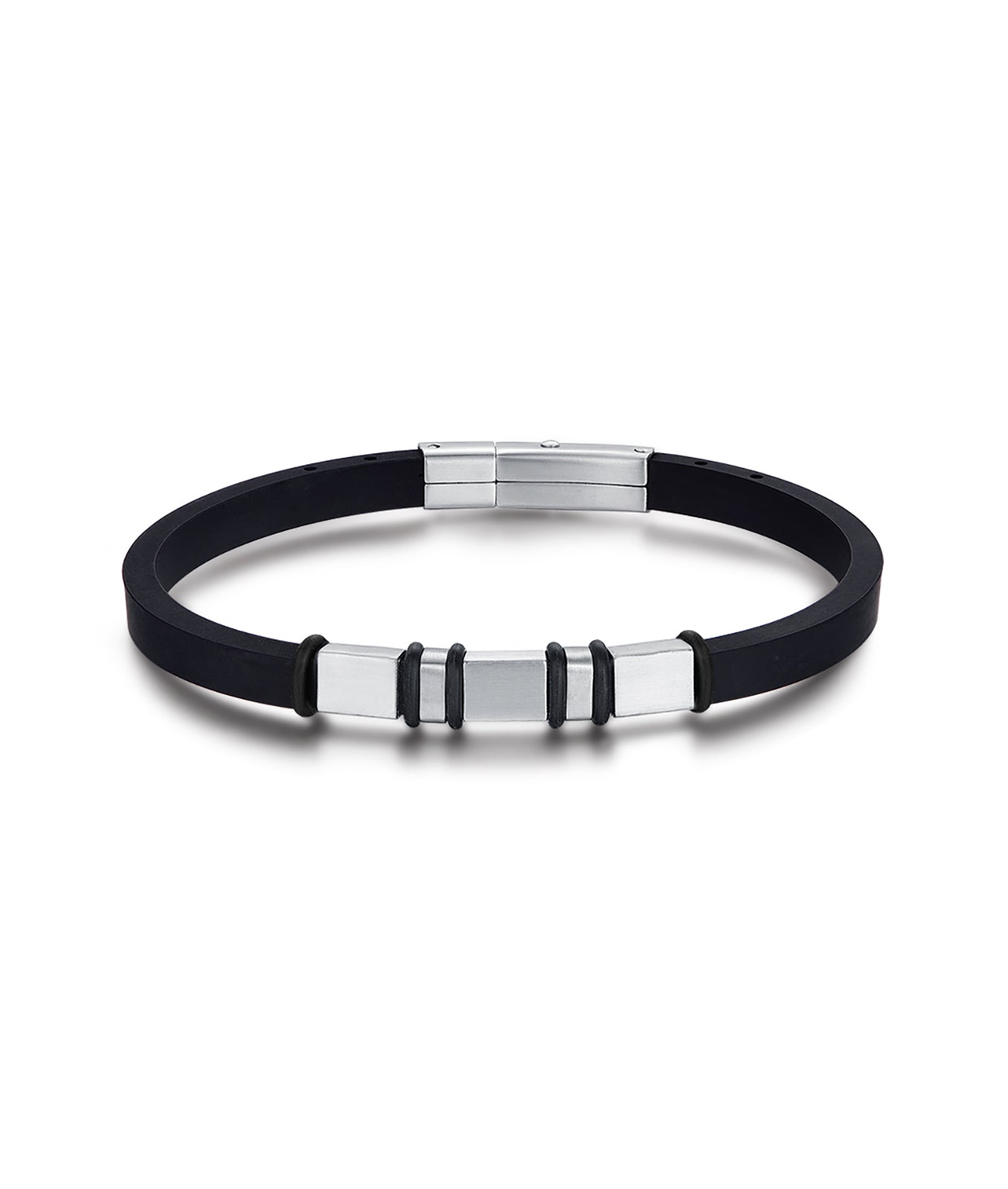 BRACCIALE IN SILICONE NERO CON PIASTRA IN ACCIAIO ED ELEMENTI IN ACCIAIO IP NERO