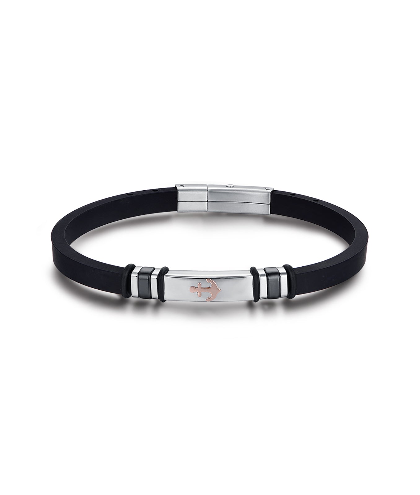 BRACCIALE IN SILICONE NERO CON PIASTRA IN ACCIAIO E ANCORA IP ROSE