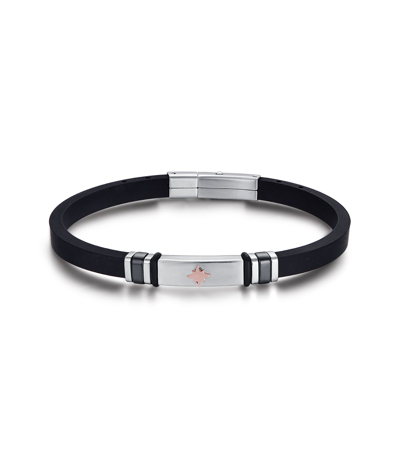 BRACCIALE IN SILICONE NERO, PIASTRA IN ACCIAIO CON ROSE DEI VENTI IP ROSE