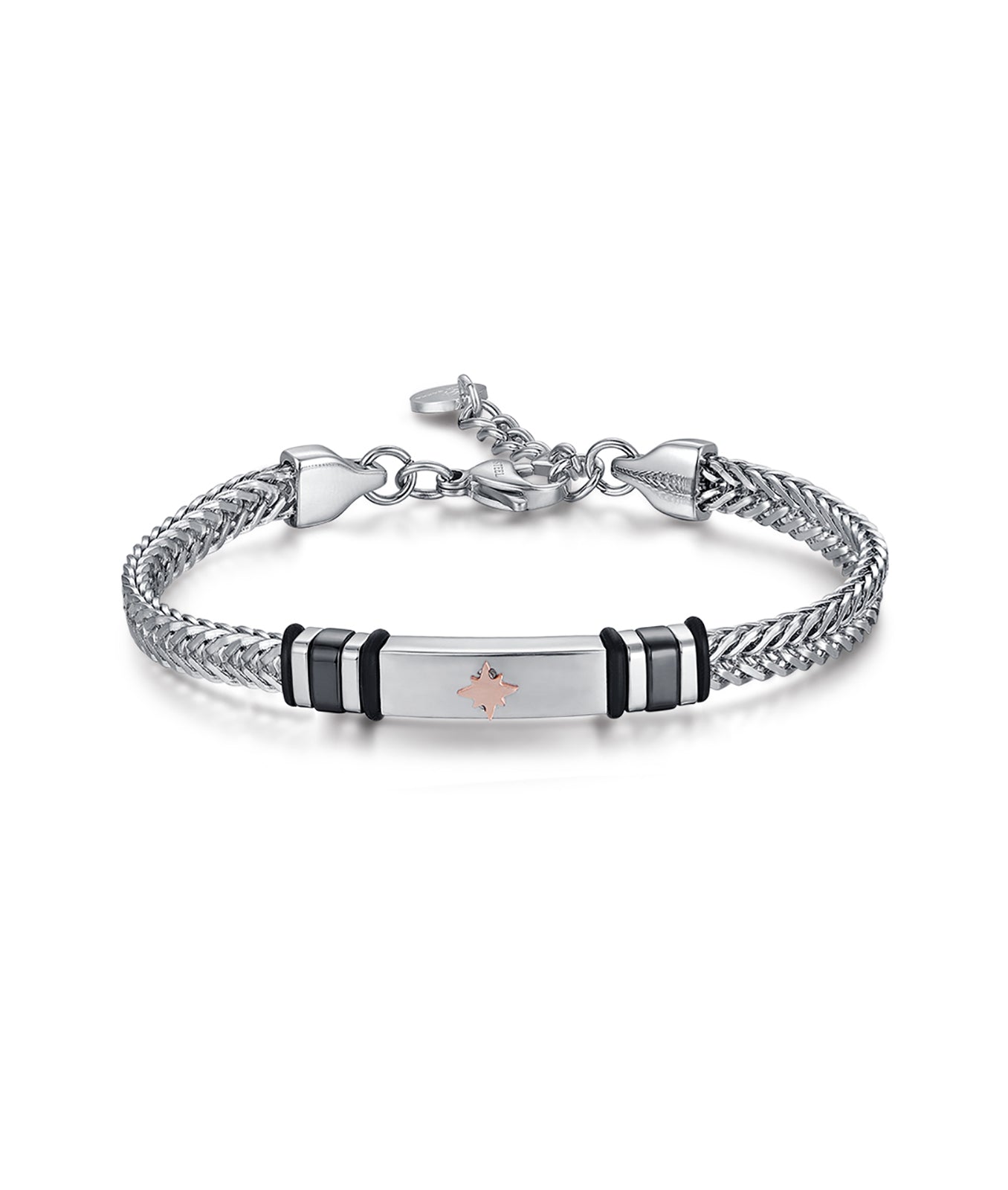 BRACCIALE IN ACCIAIO CON ROSA DEI VENTI IP ROSE ED ELEMENTI IP NERO