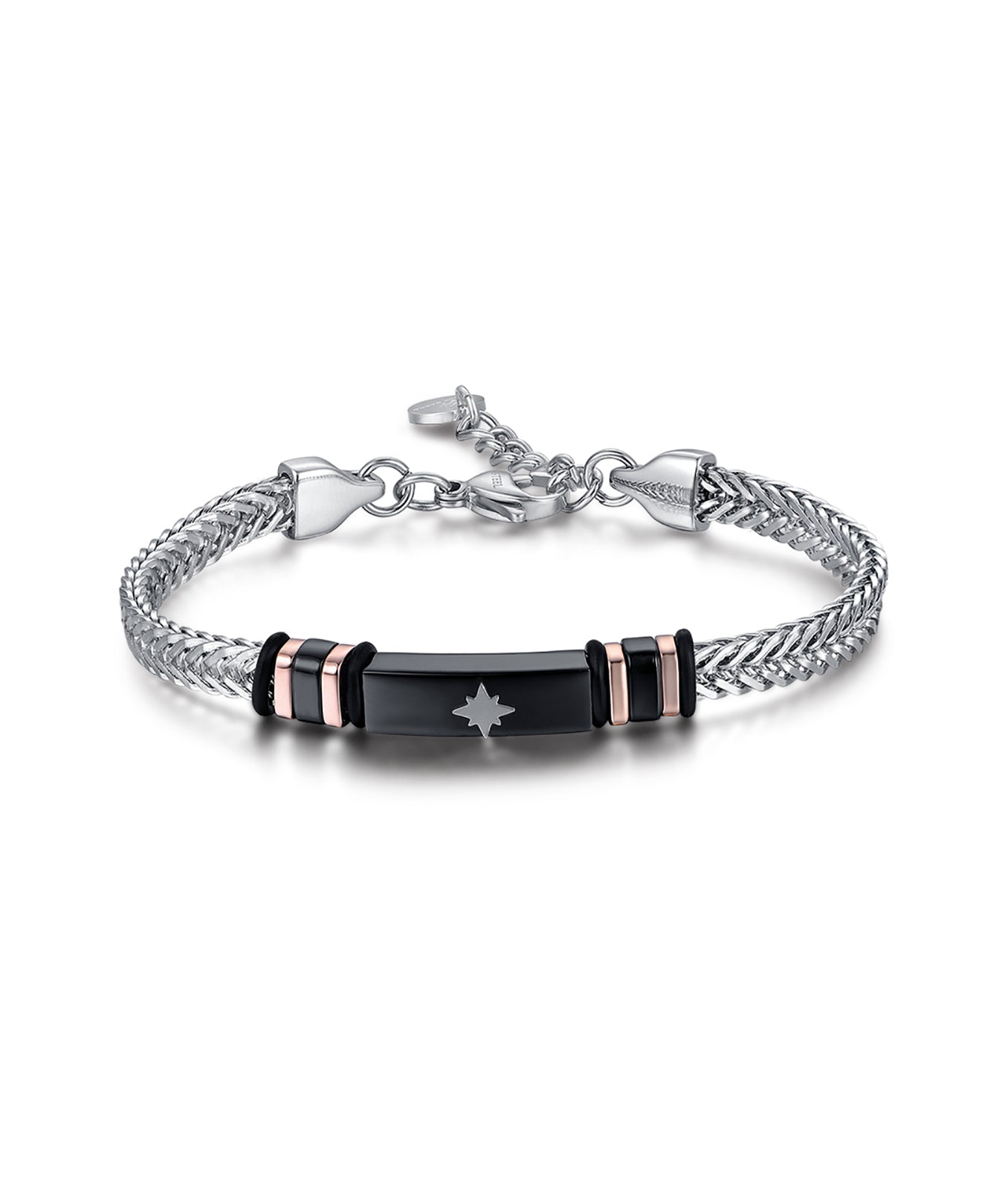 BRACCIALE IN ACCIAIO, PIASTRA IN ACCIAIO IP NERO CON ROSA DEI VENTI
