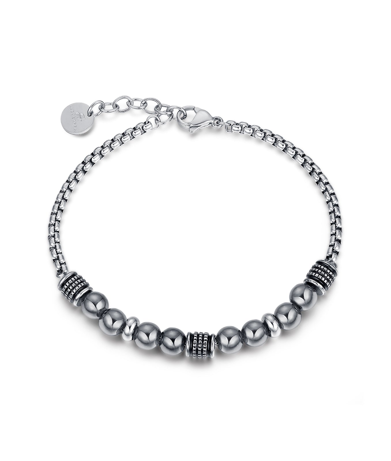 BRACCIALE IN ACCIAIO CON SFERE GRIGIE ED ELEMENTI IN ACCIAIO NERO ANTICATO