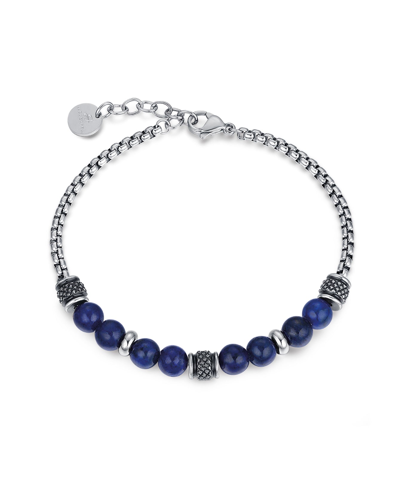 BRACCIALE IN ACCIAIO CON SFERE BLU ED ELEMENTI IN ACCIAIO NERO ANTICATO
