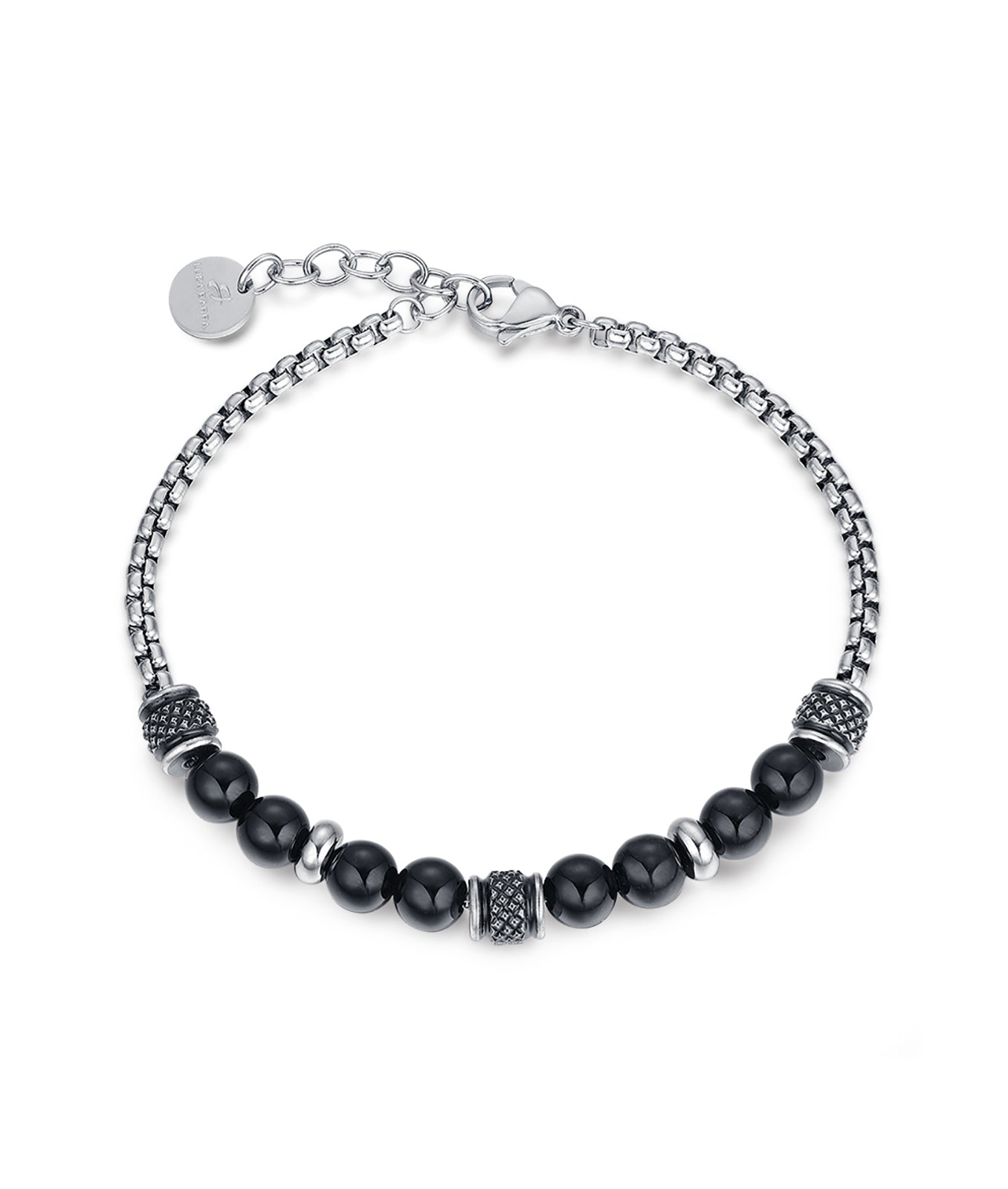 BRACCIALE IN ACCIAIO CON SFERE NERE ED ELEMENTI INACCIAIO NERO ANTICATO