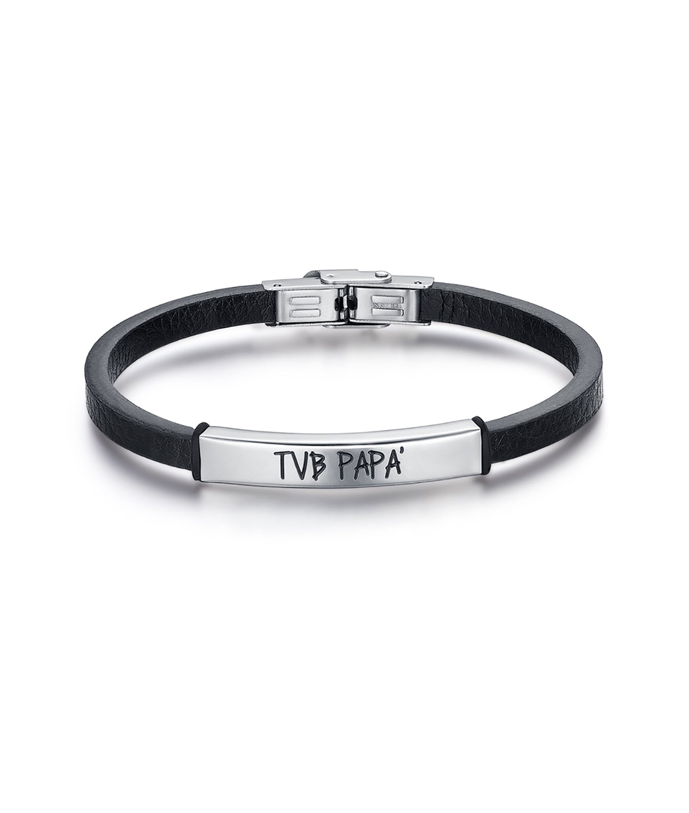 BRACCIALE IN CUOIO NERO CON PIASTRA IN ACCIAIO TVB PAPA'