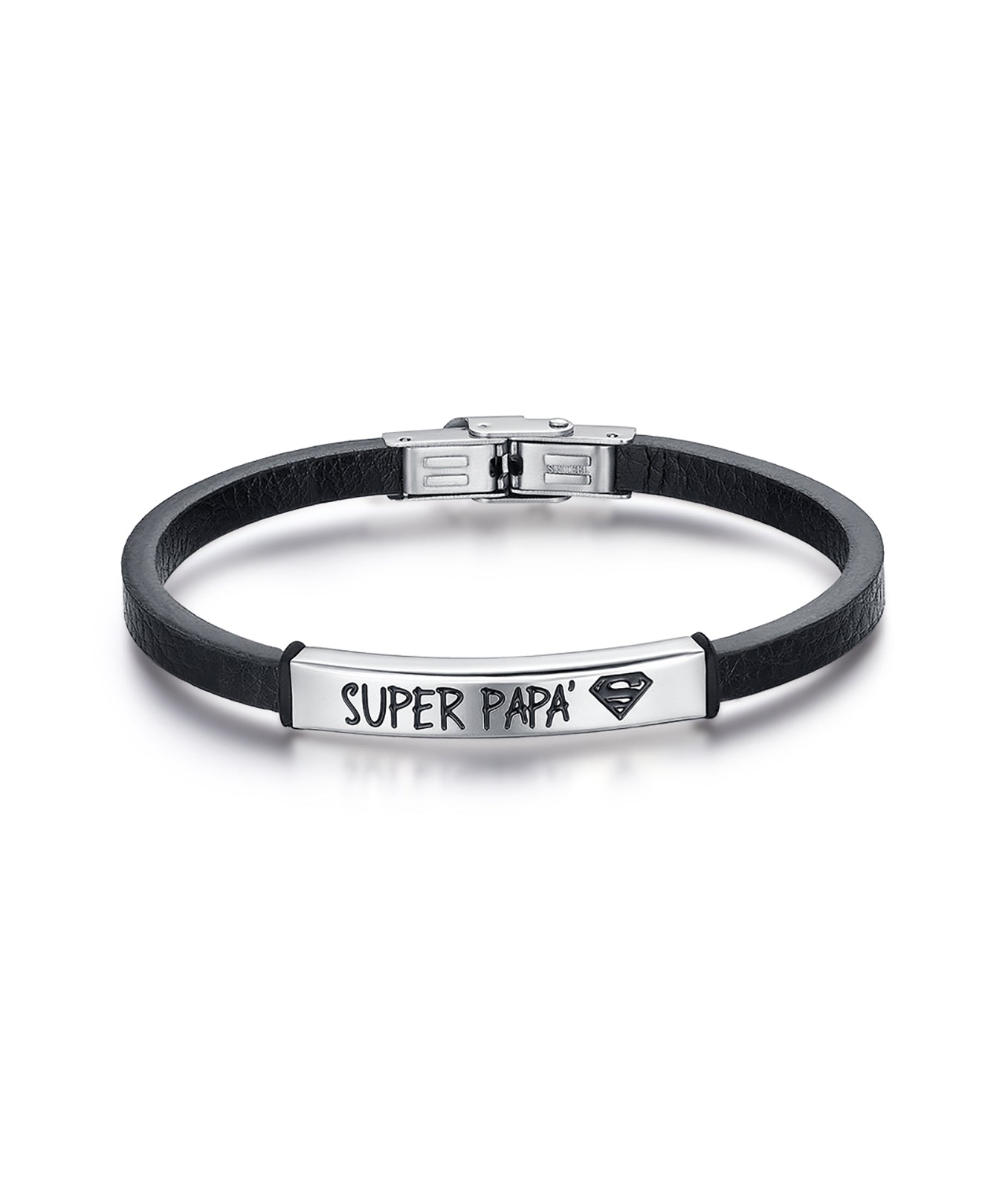 BRACCIALE IN CUOIO NERO CON PIASTRA IN ACCIAIO CON SCRITTA SUPER PAPA'