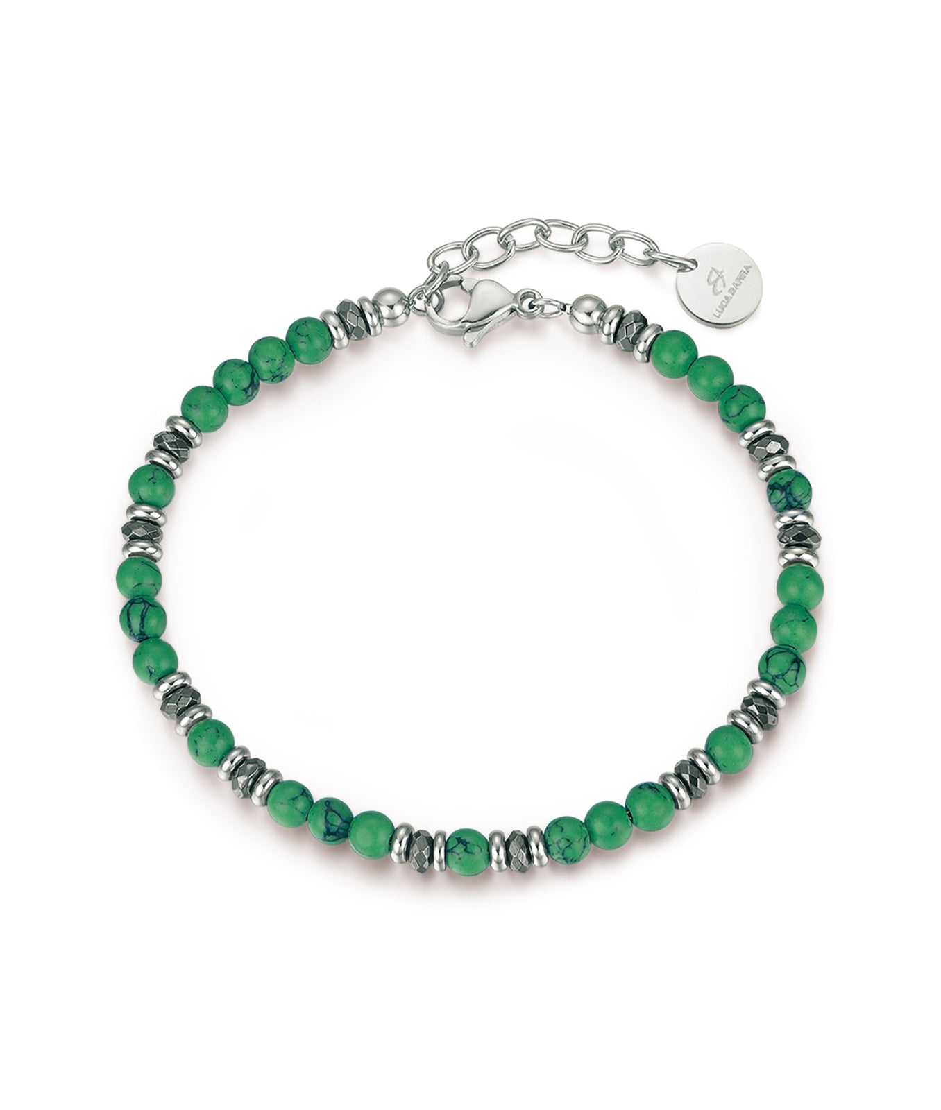 BRACCIALE IN ACCIAIO CON PIETRE VERDI ED EMATITE