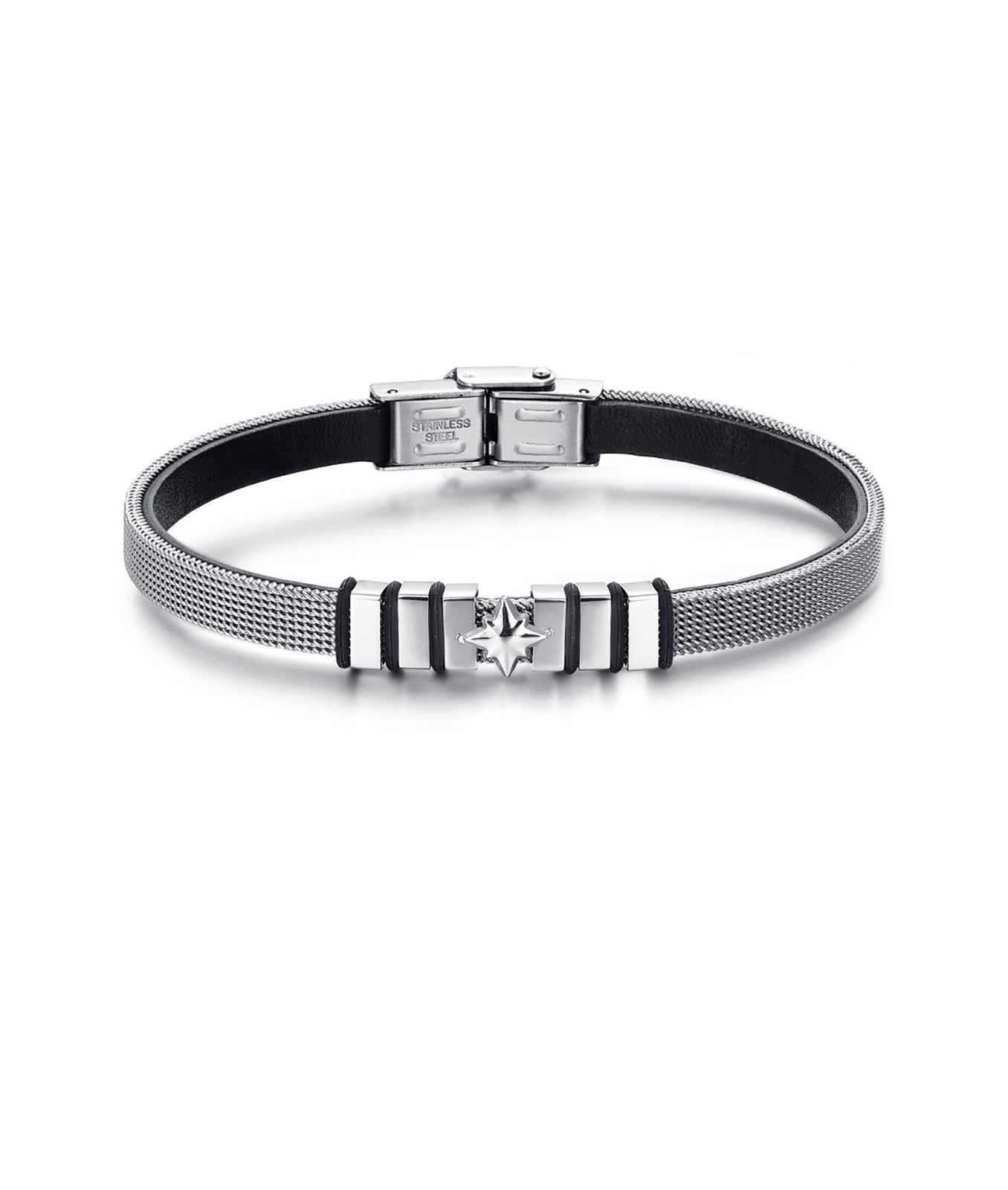 BRACCIALE IN ACCIAIO CON ROSA DEI VENTI ED INTERNO IN PELLE
