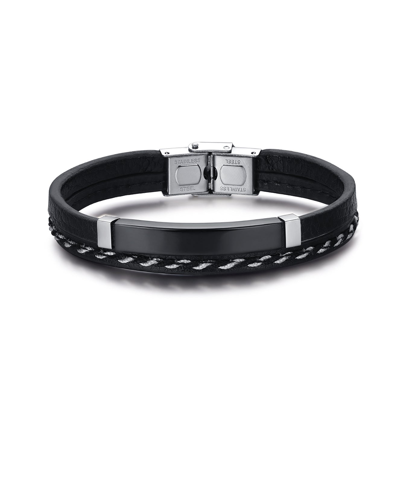 BRACCIALE IN PELLE NERA CON PIASTRA IN ACCIAIO IP NERO