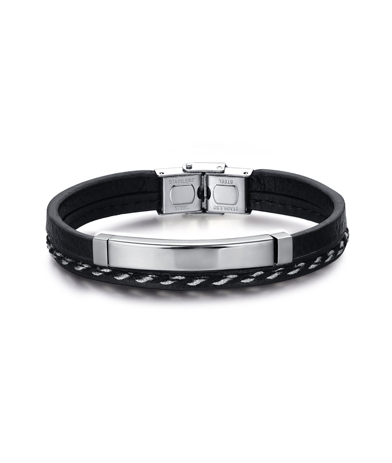 BRACCIALE IN PELLE NERA CON PIASTRA IN ACCIAIO