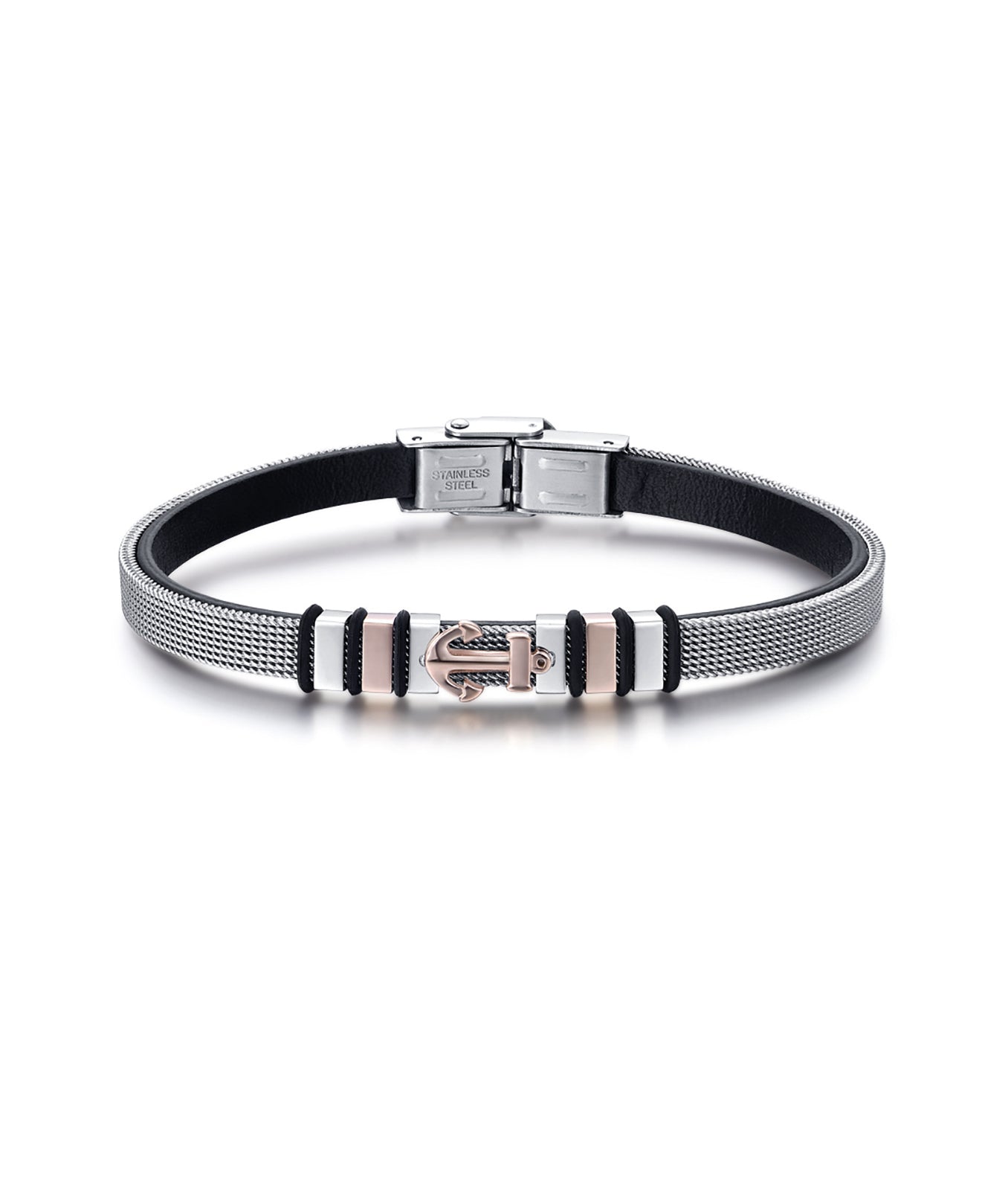 BRACCIALE IN ACCIAIO CON ANCORA IP ROSE ED INTERNO IN PELLE