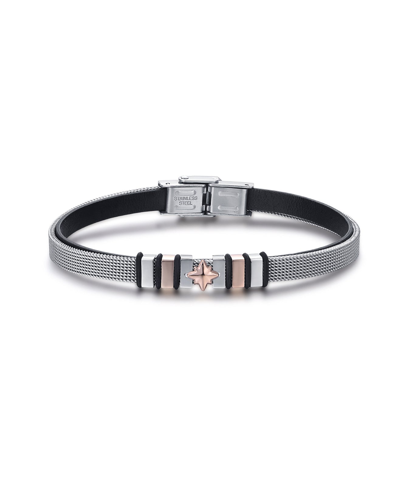 BRACCIALE IN ACCIAIO CON ROSA DEI VENTI IP ROSE ED INTERNO IN PELLE NERA