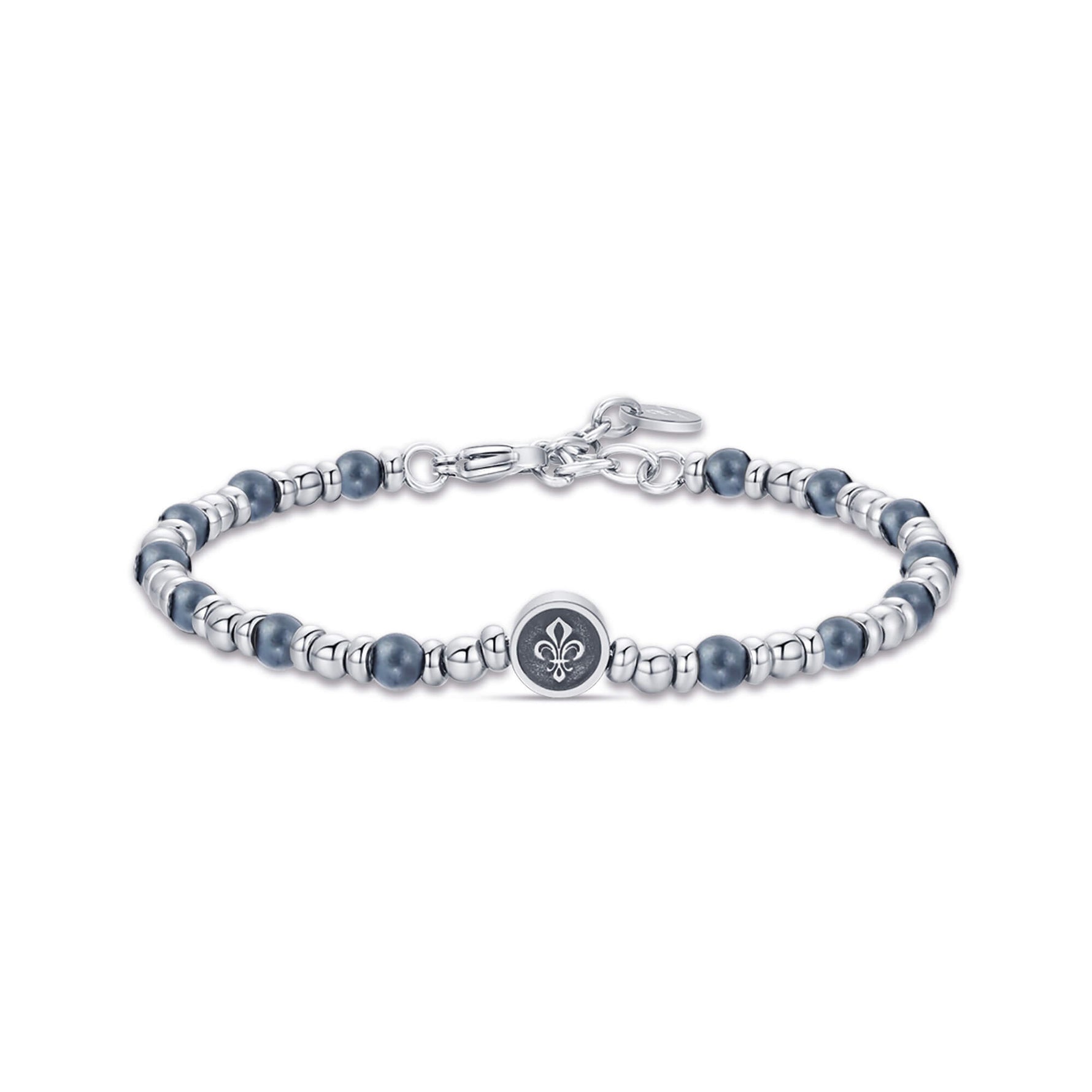 BRACCIALE IN ACCIAIO CON GIGLIO ED EMATITE GRIGIA