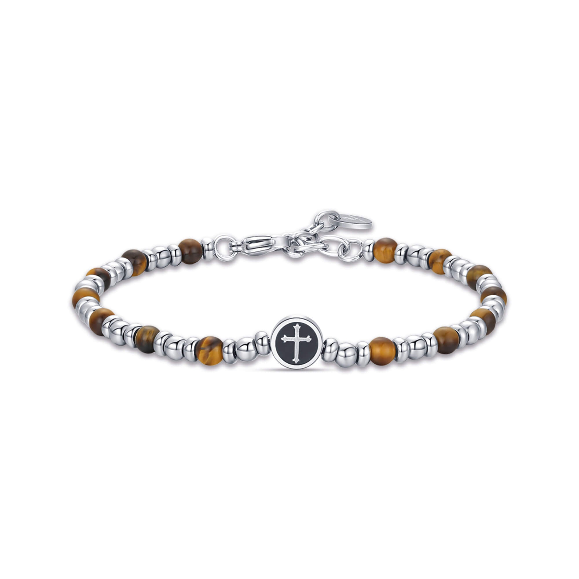 BRACCIALE IN ACCIAIO CON CROCE ED OCCHIO DI TIGRE