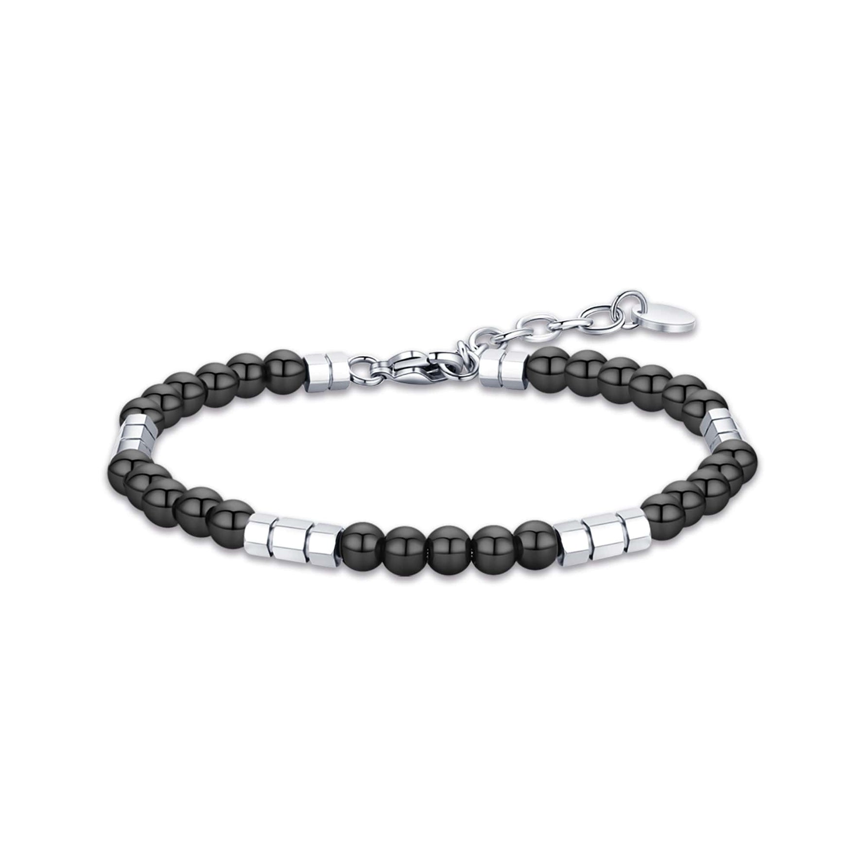 BRACCIALE DA UOMO IN ACCIAIO CON PIETRE NERE ED ELEMENTI IN ACCIAIO