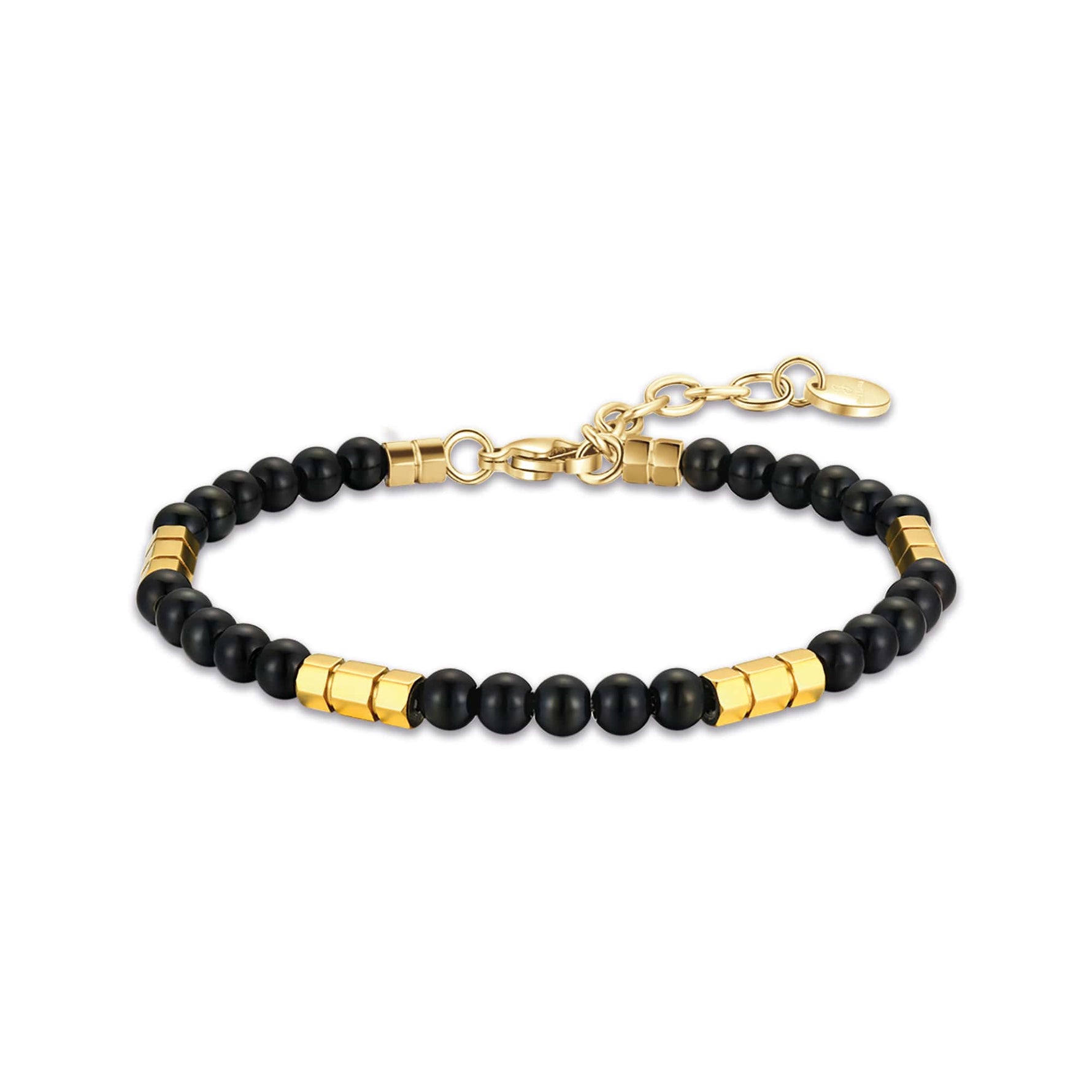 BRACCIALE DA UOMO IN ACCIAIO CON PIETRE NERE ED ELEMENTI IN ACCIAIO DORATO