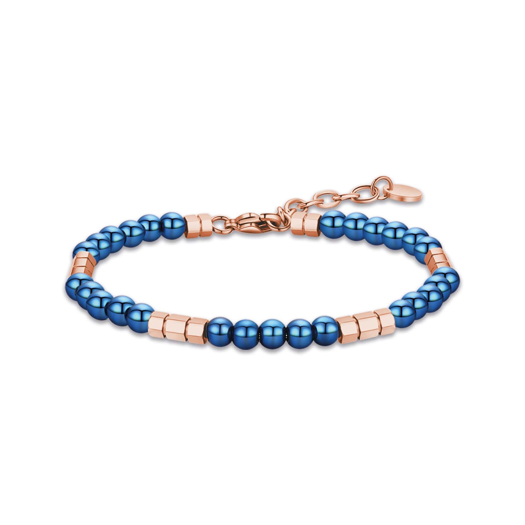 BRACCIALE DA UOMO IN ACCIAIO CON PIETRE BLU ED ELEMENTI IN ACCIAIO ROSA