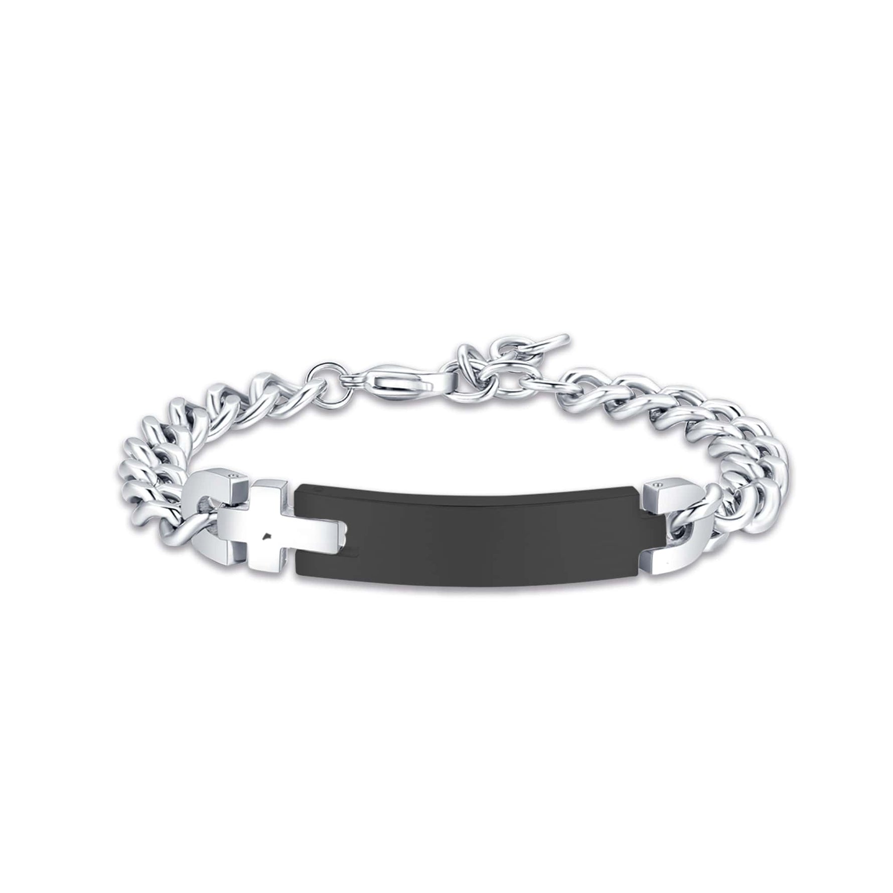 BRACCIALE DA UOMO IN ACCIAIO CON PIASTRA IN ACCIAIO NERO E CROCE
