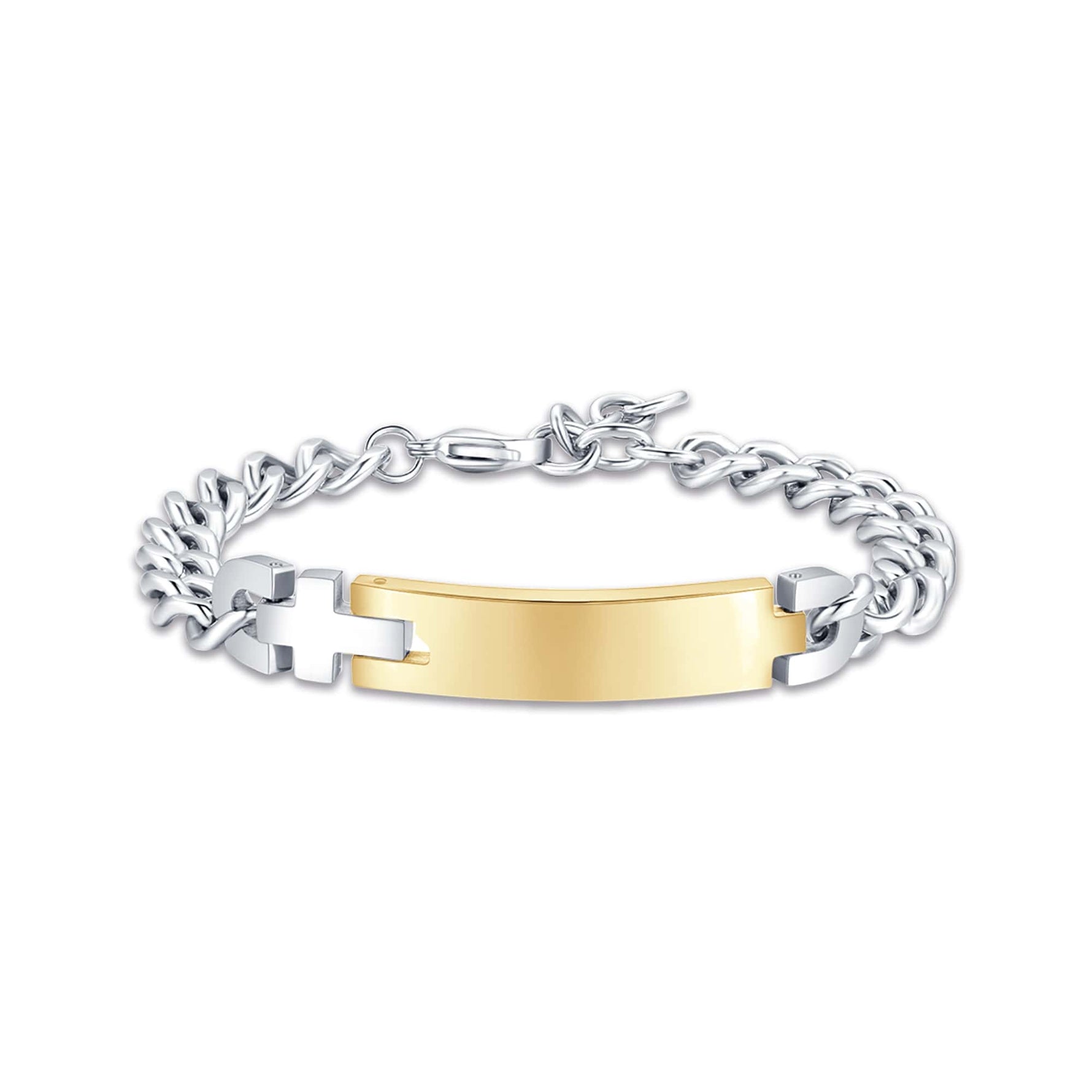BRACCIALE DA UOMO IN ACCIAIO CON PIASTRA IN ACCIAIO DORATO E CROCE