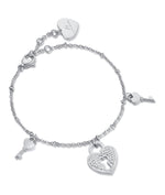 BRACCIALE IN ACCIAIO CON CUORE LUCCHETTO CON CRISTALLI BIANCHI E CHIAVI