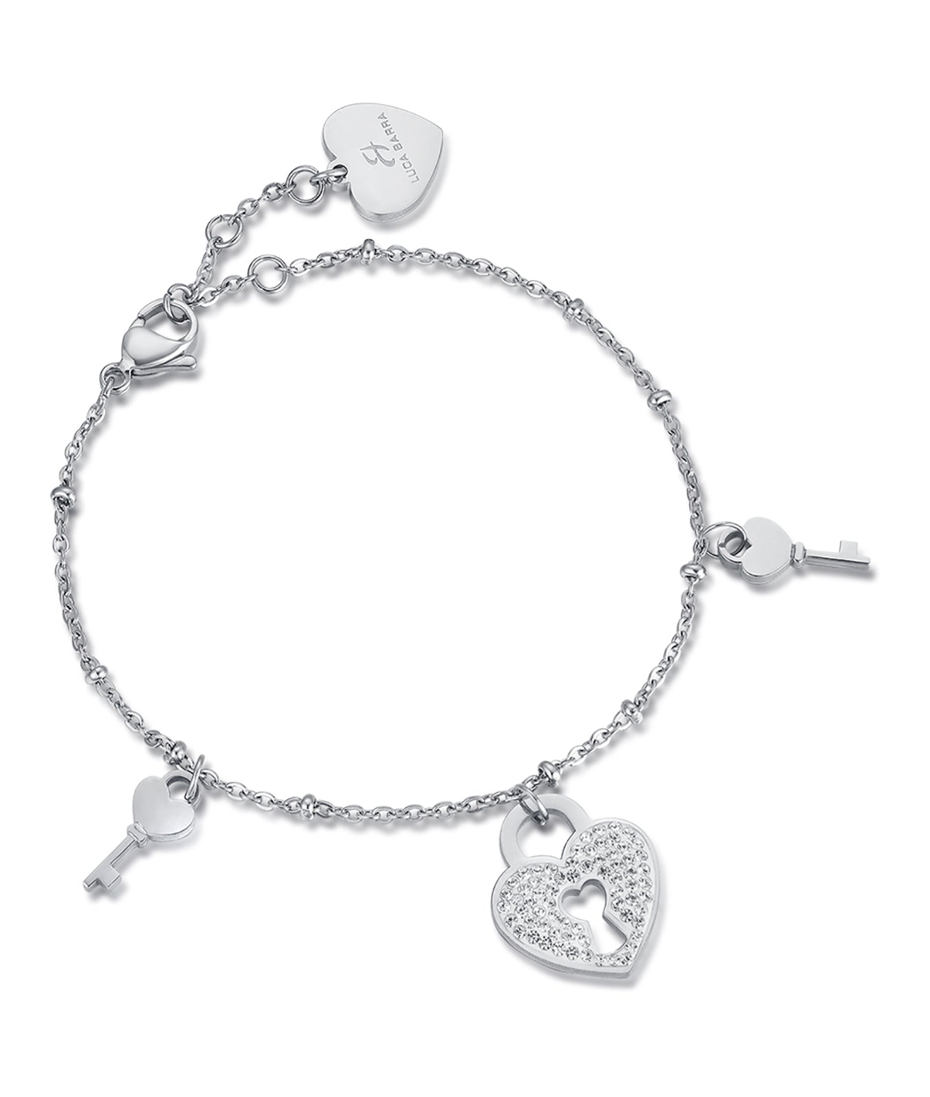 BRACCIALE IN ACCIAIO CON CUORE LUCCHETTO CON CRISTALLI BIANCHI E CHIAVI