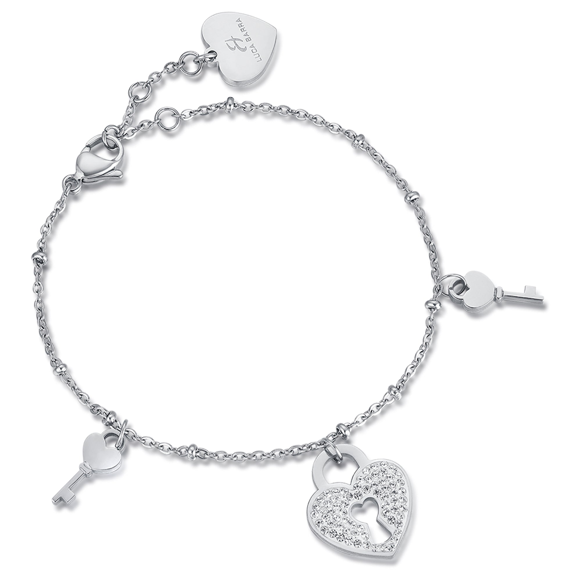 BRACCIALE IN ACCIAIO CON CUORE LUCCHETTO CON CRISTALLI BIANCHI E CHIAVI