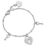 BRACCIALE IN ACCIAIO CON CUORE LUCCHETTO CON CRISTALLI BIANCHI E CHIAVI
