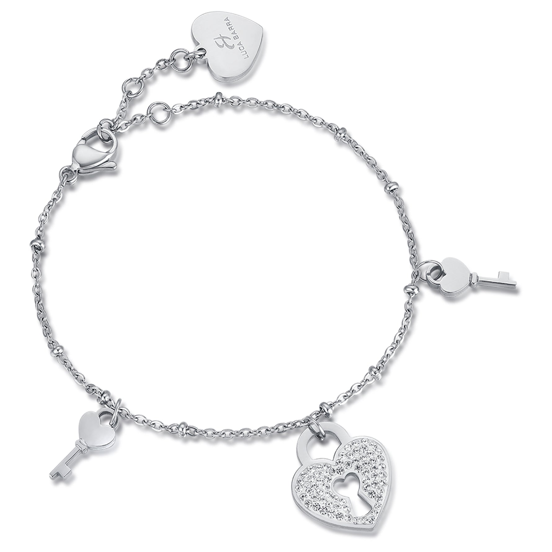 BRACCIALE IN ACCIAIO CON CUORE LUCCHETTO CON CRISTALLI BIANCHI E CHIAVI