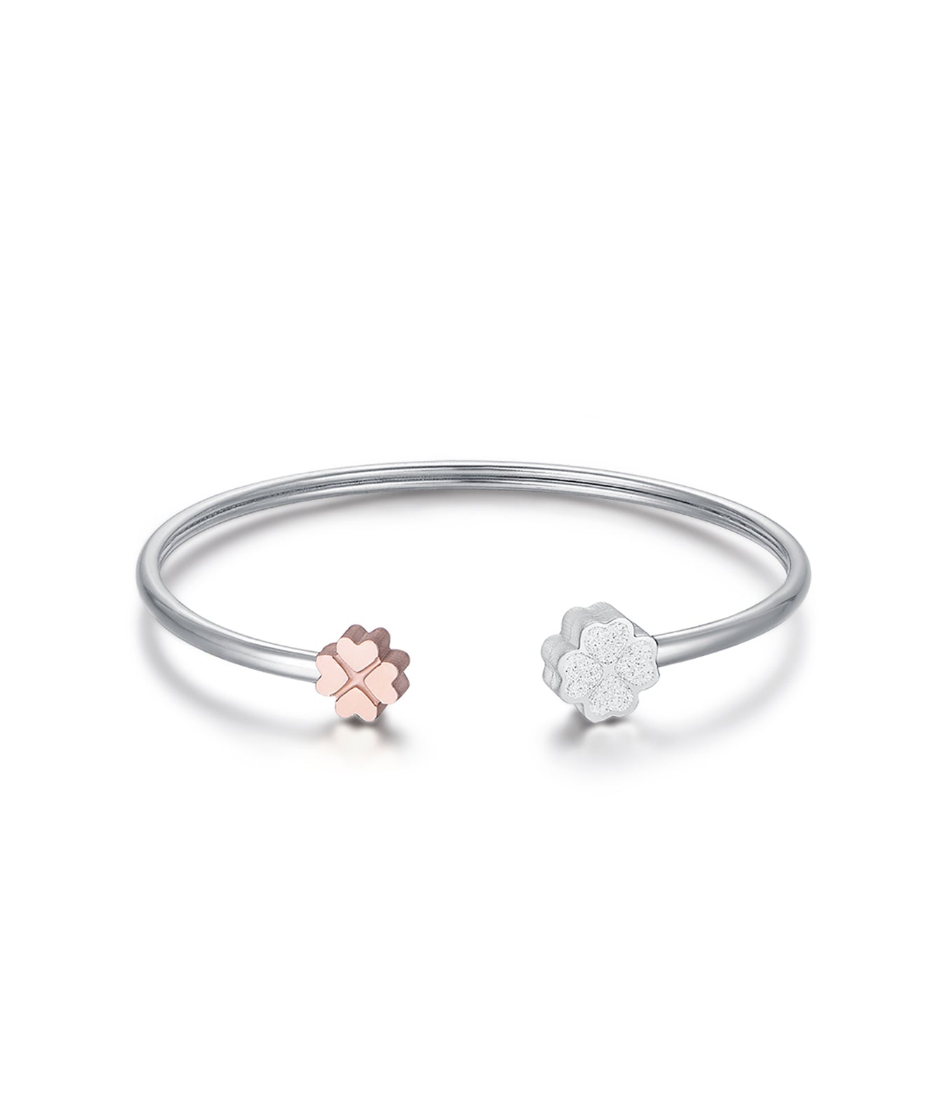 BRACCIALE IN ACCIAIO CON QUADRIFOGLI  IN ACCIAIO IP ROSE E GLITTER BIANCO