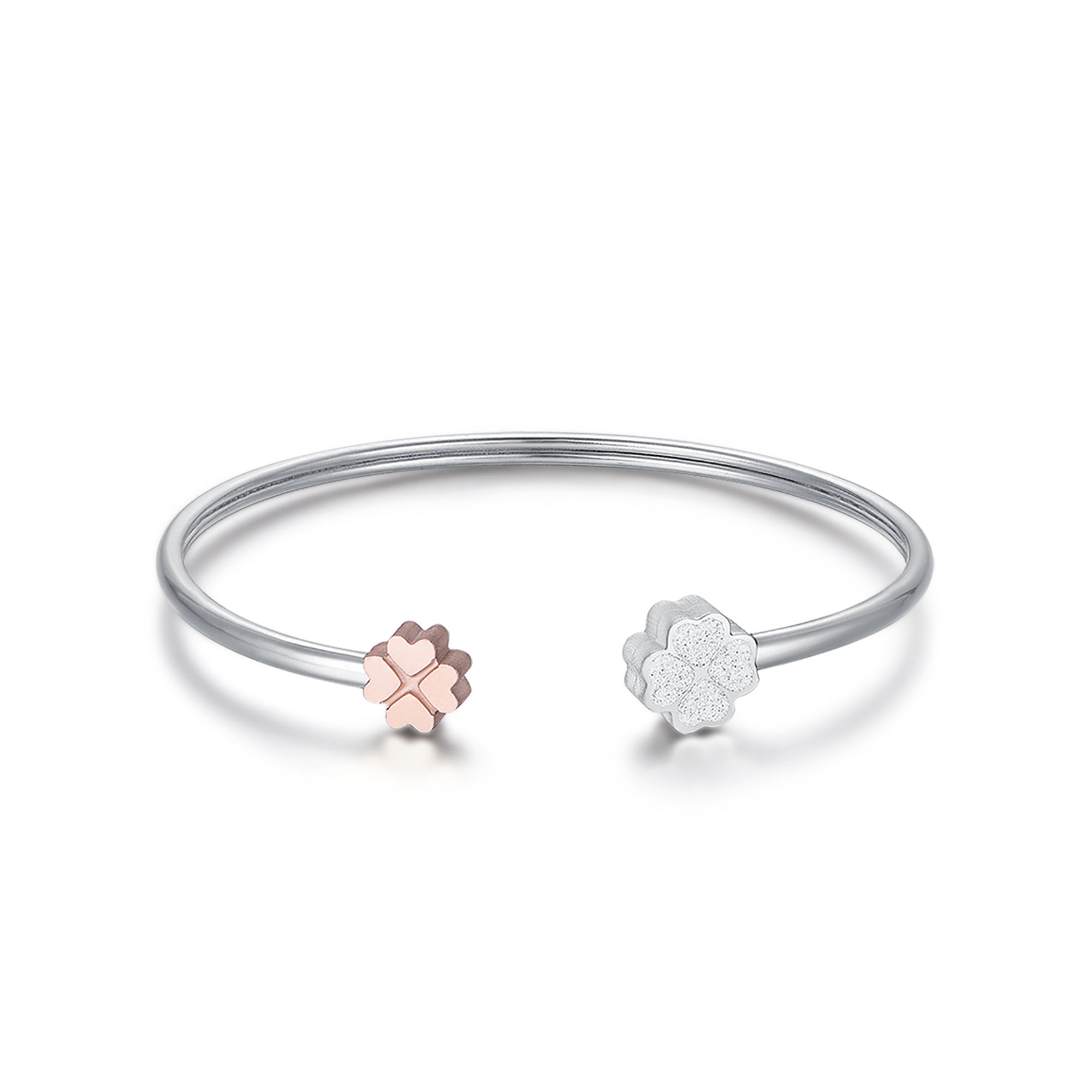 BRACCIALE IN ACCIAIO CON QUADRIFOGLI  IN ACCIAIO IP ROSE E GLITTER BIANCO