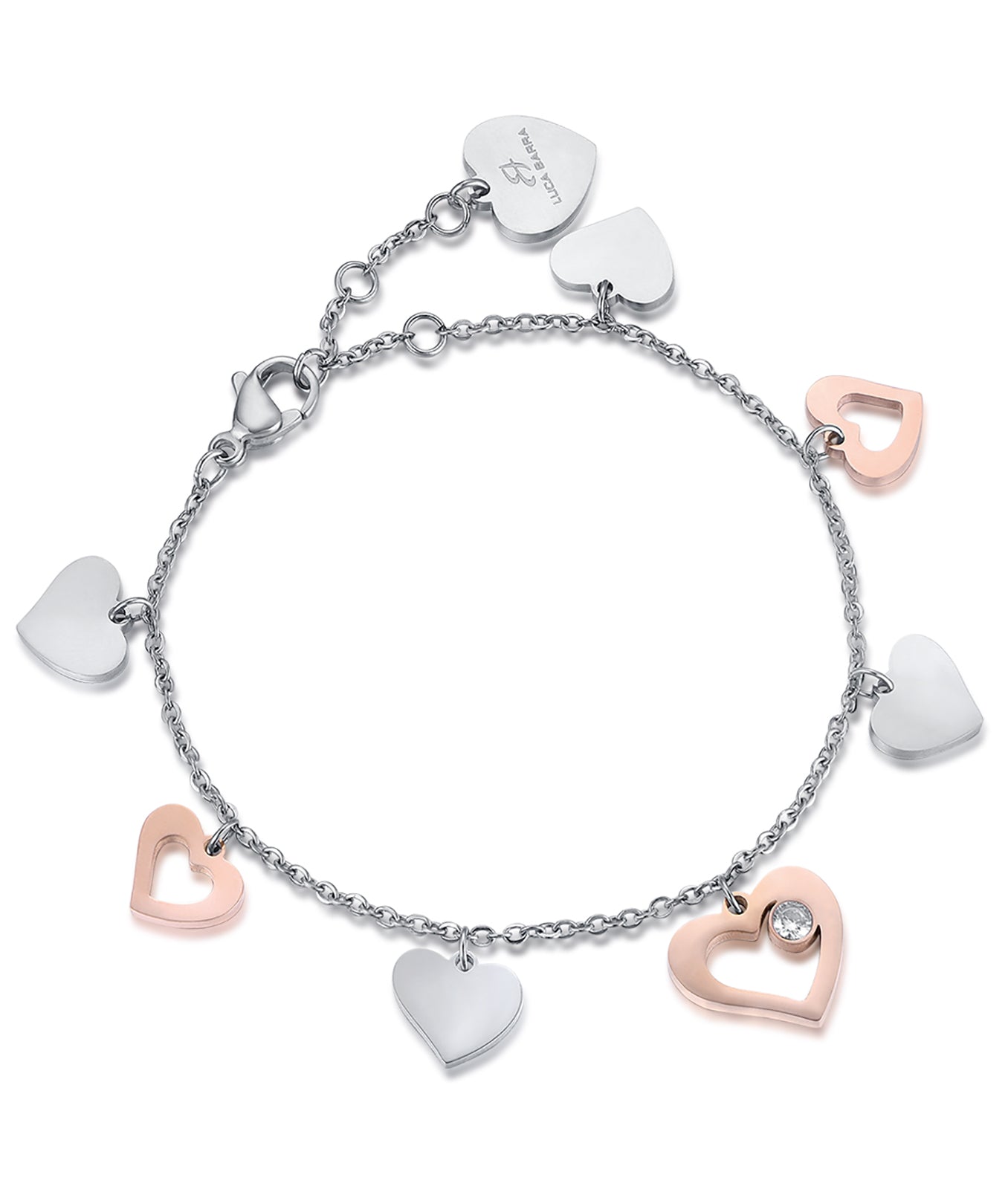 BRACCIALE IN ACCIAIO CON CUORI IN ACCIAIO E IP ROSE E CRISTALLO BIANCO