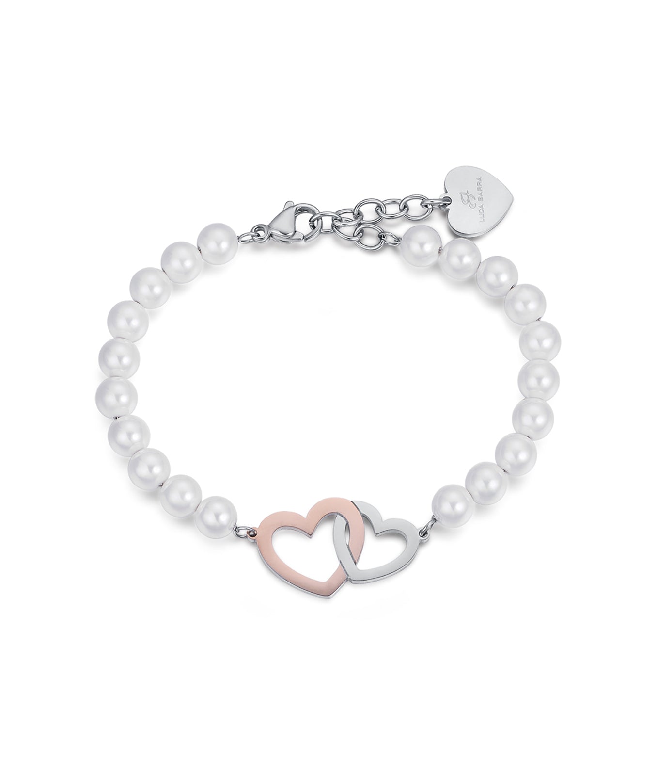 BRACCIALE IN ACCIAIO CON PERLE E CUORI IN ACCIAIO E IP ROSE