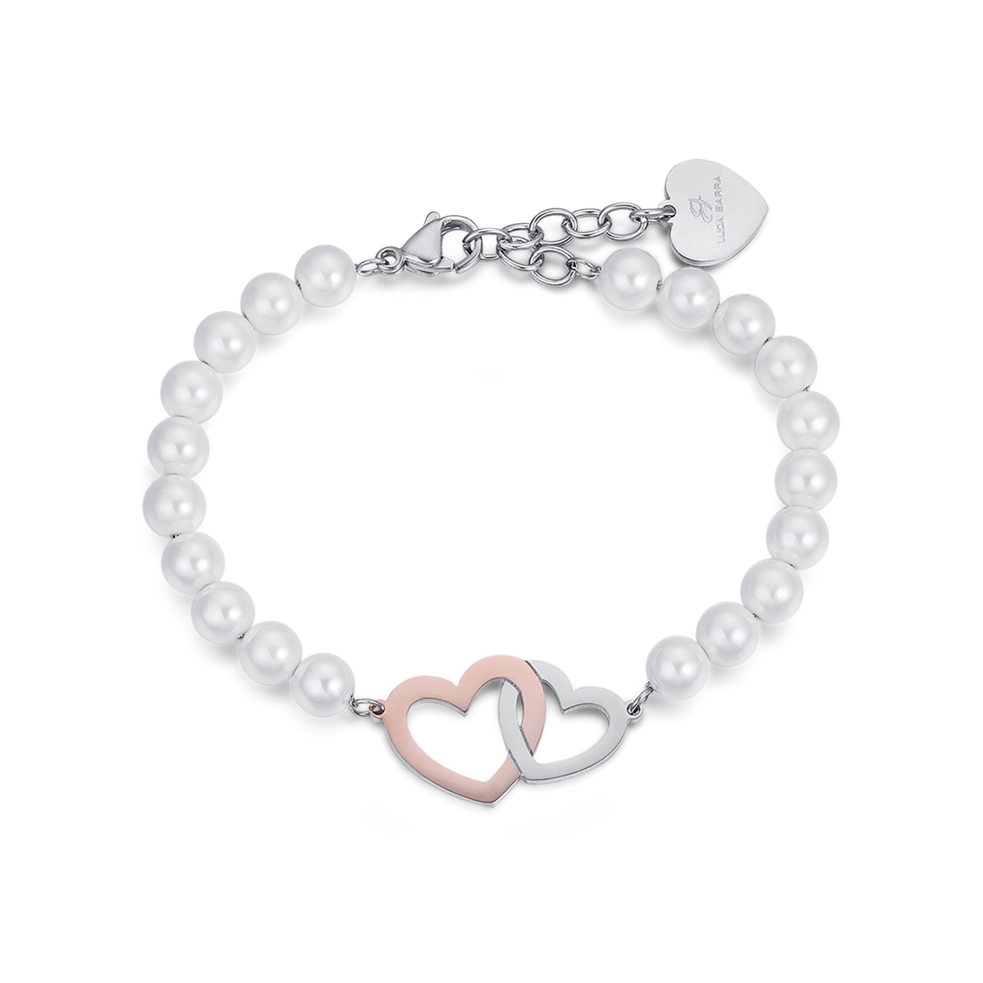 BRACCIALE IN ACCIAIO CON PERLE E CUORI IN ACCIAIO E IP ROSE