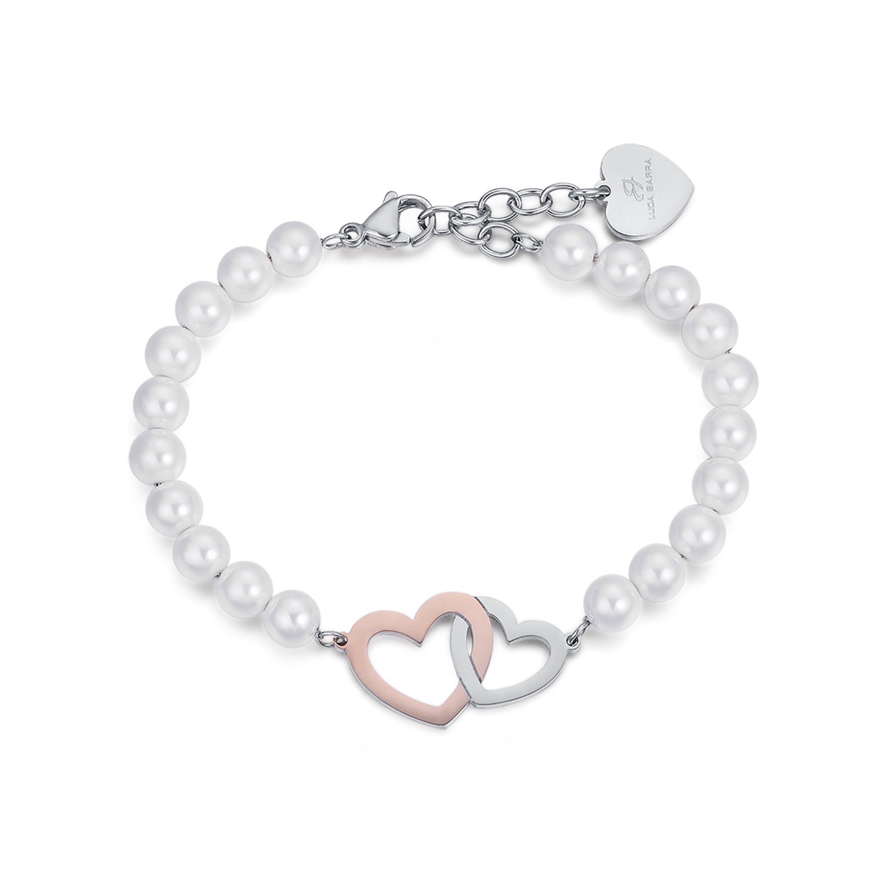BRACCIALE IN ACCIAIO CON PERLE E CUORI IN ACCIAIO E IP ROSE